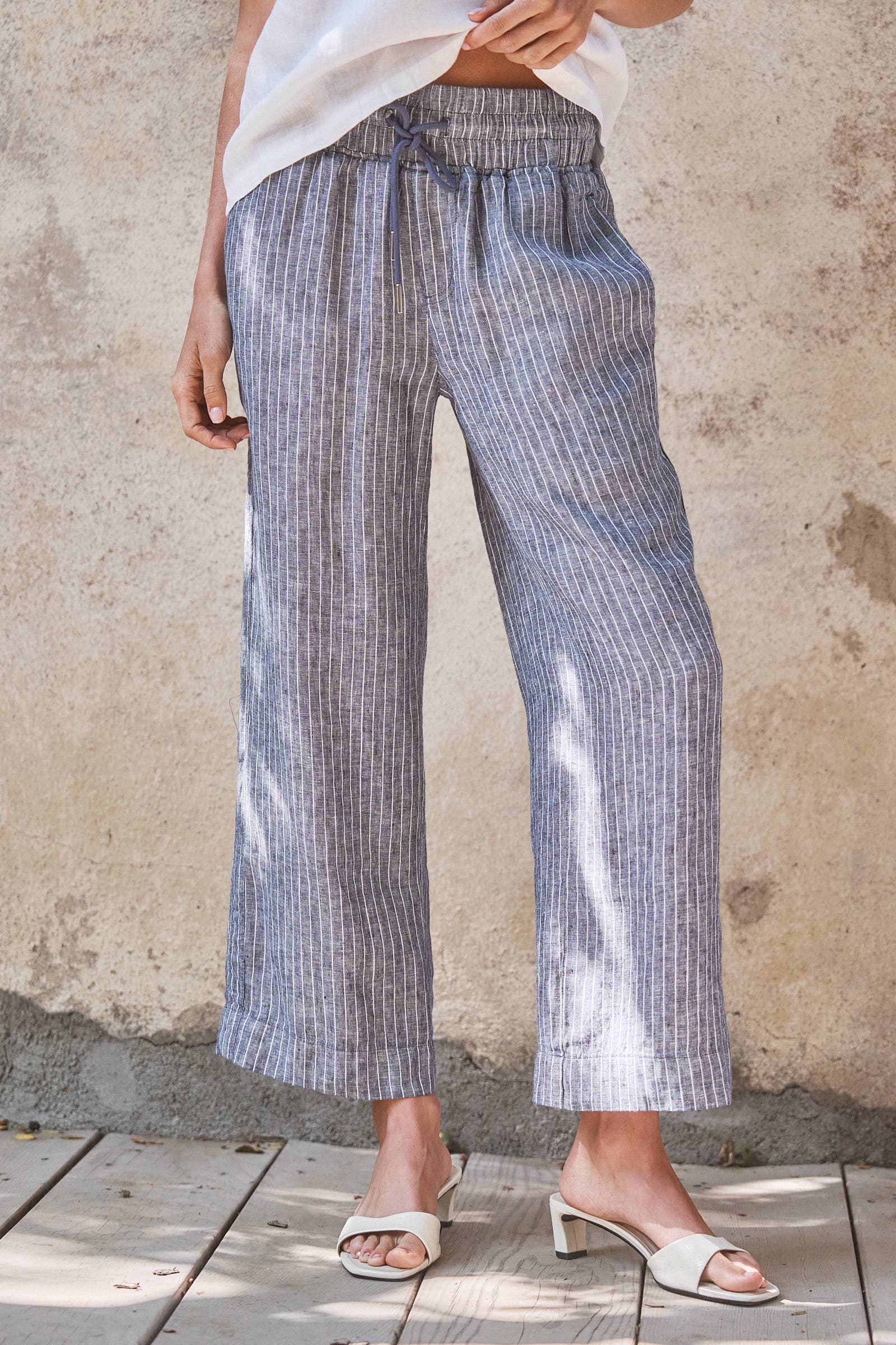 Urban Daizy Linen Wide-Leg Drawstring Pants Navy-Stripe Pants - Women's (UDPT0177-Navy-Stripe) – alternate view 2