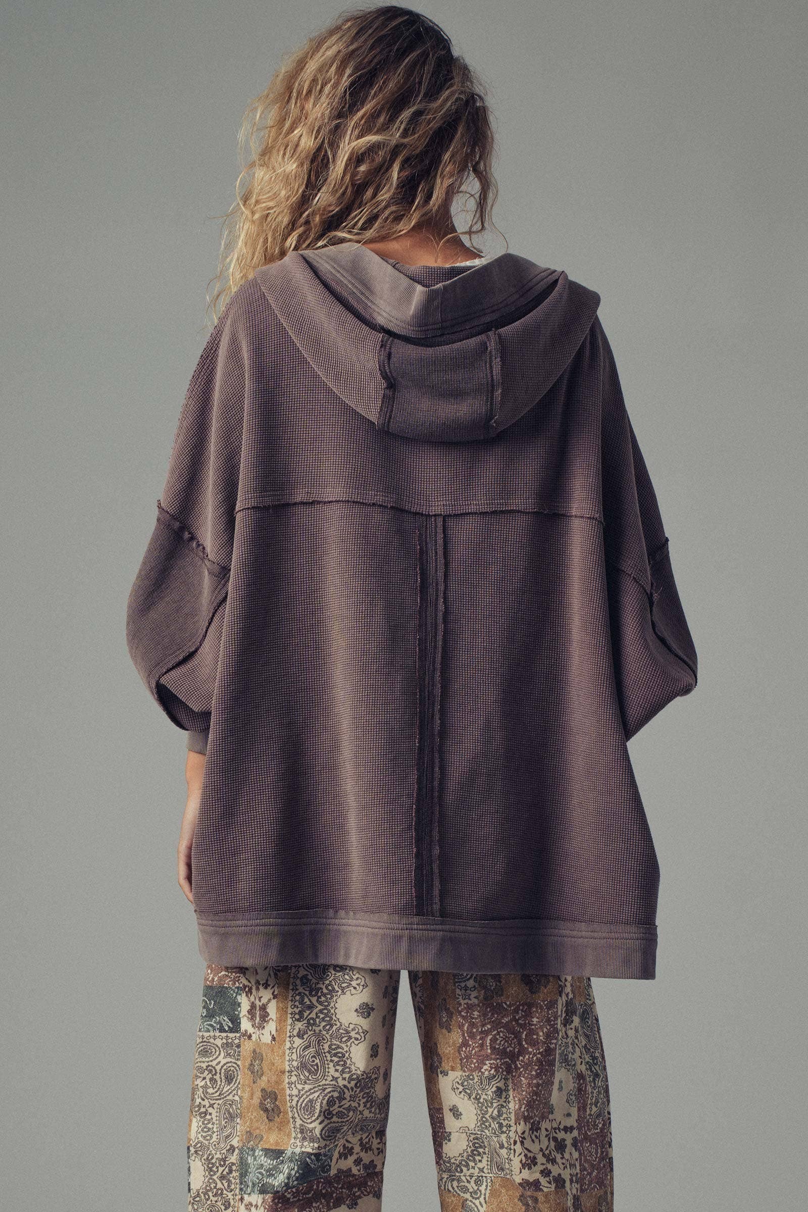 Washed Waffle Knit Hooded Cardigan