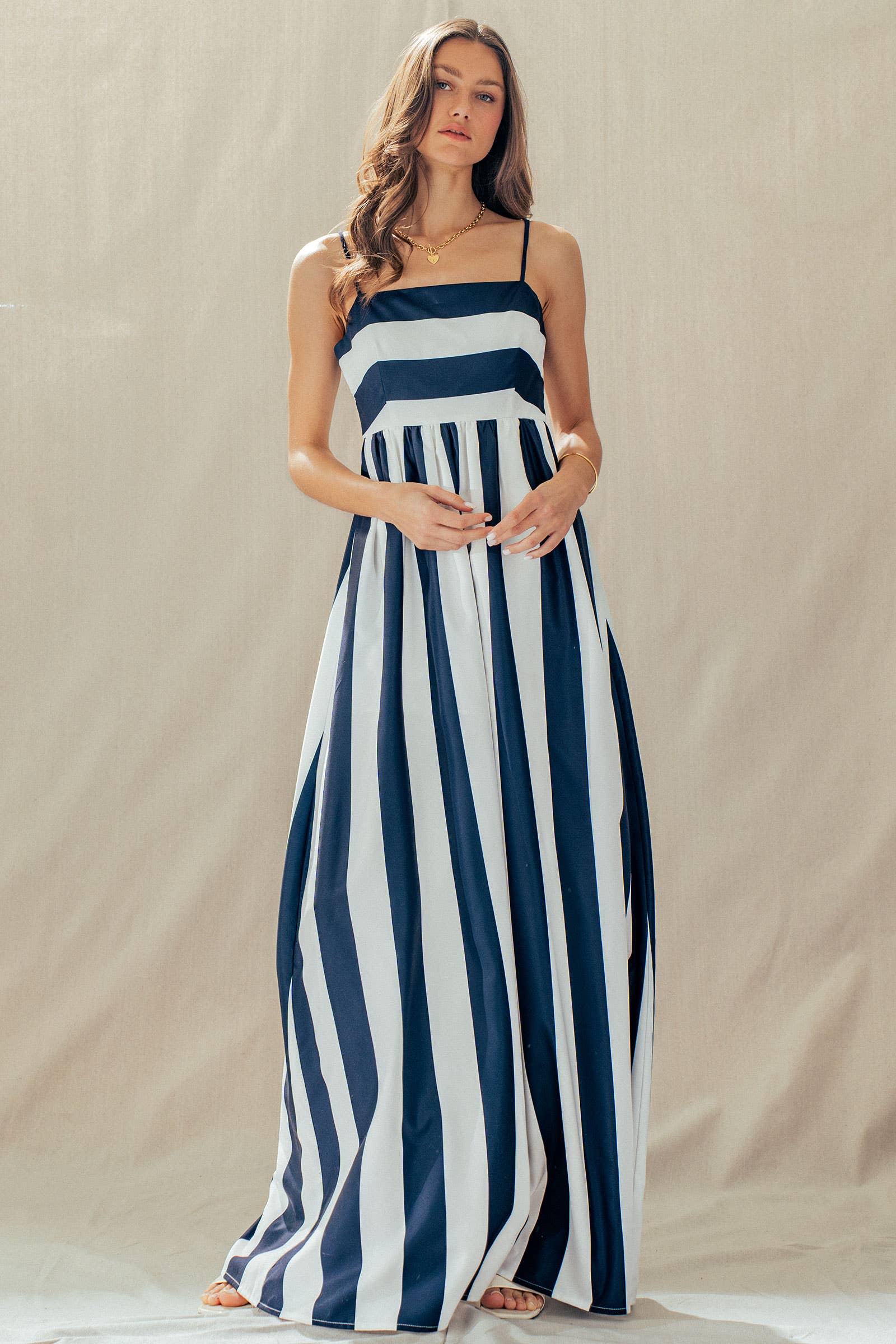 Urban Daizy Vertical Stripe Smocked Back Maxi Dress Ivory-Navy Dress - Women's (UDZ-DR-00526) – alternate view 9