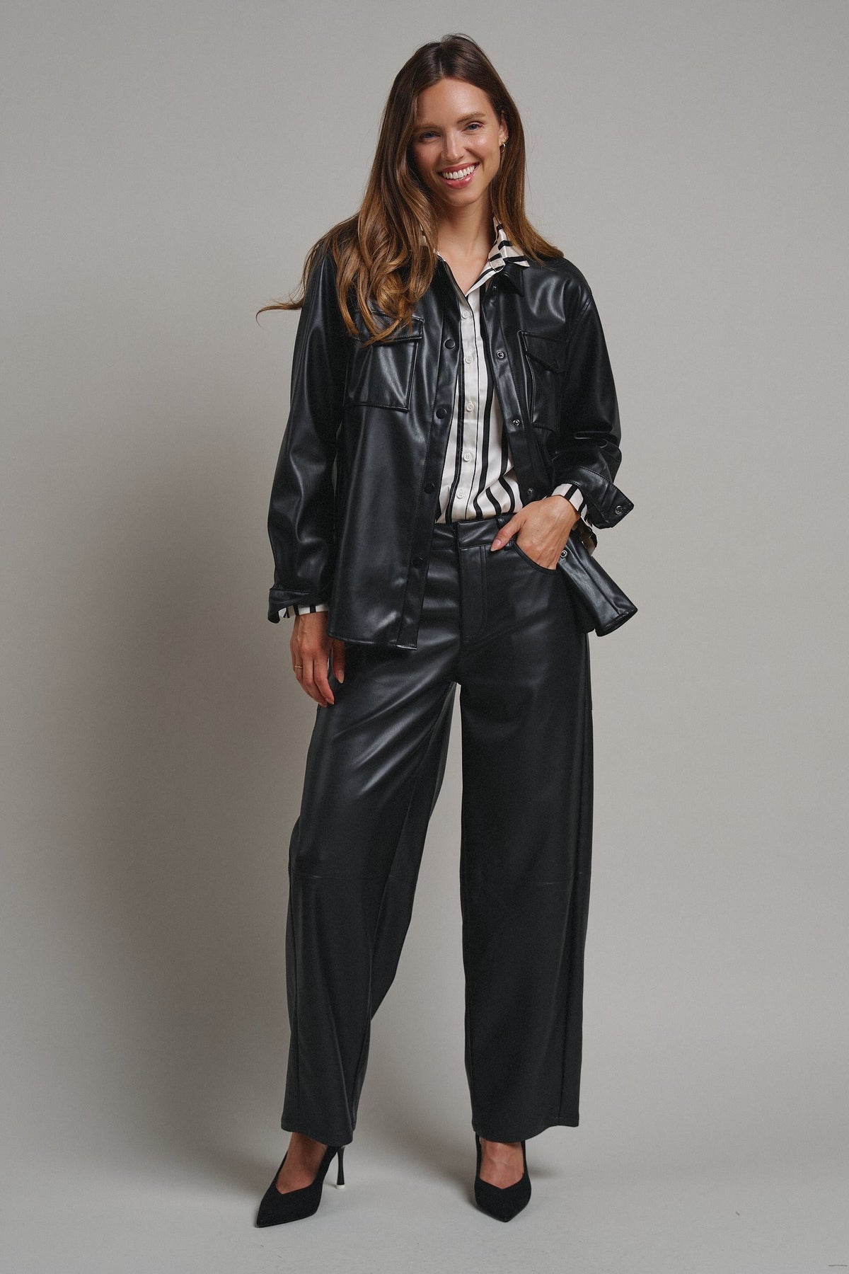 Faux Leather Pocket Shirt with Snap Closure