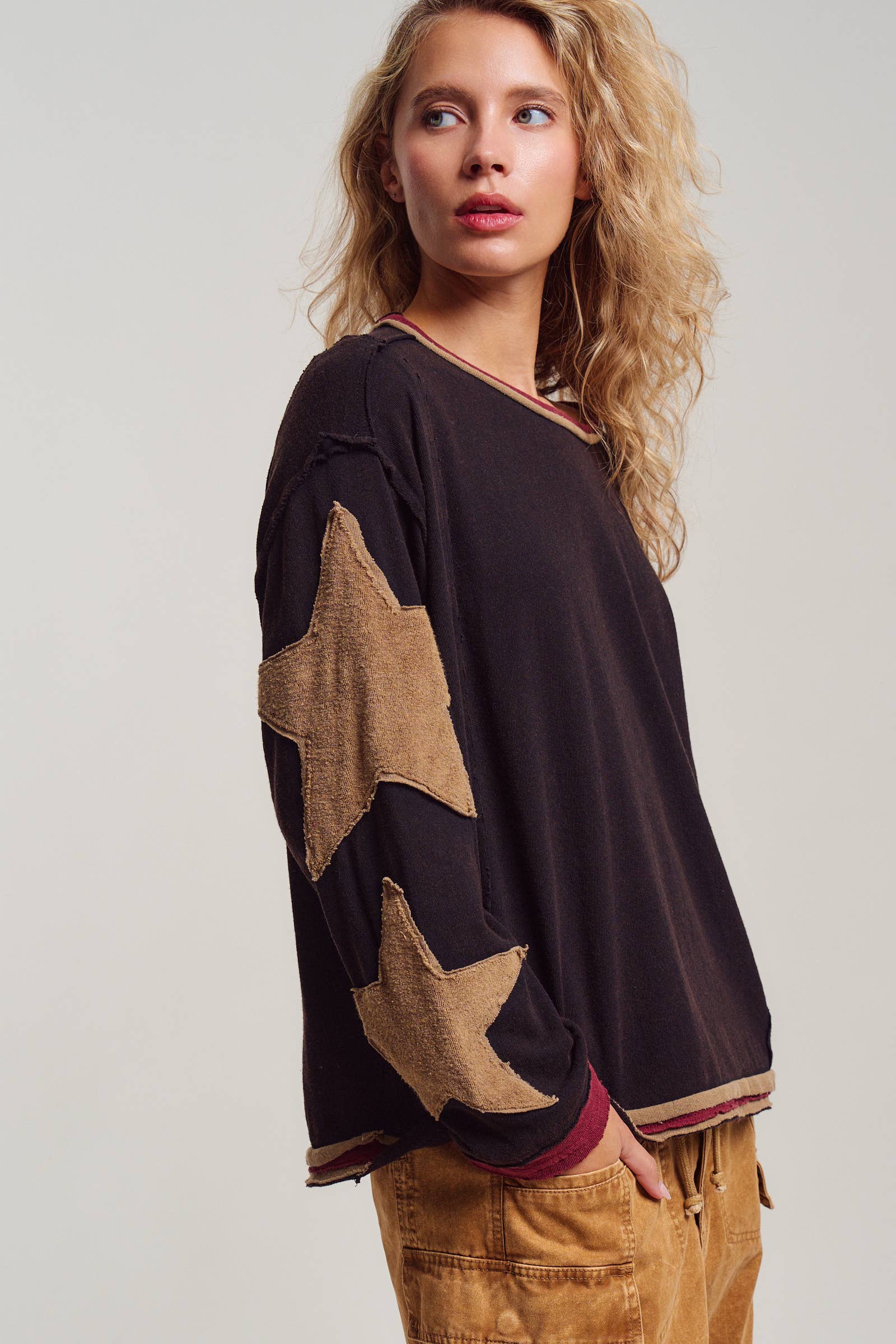 Urban Daizy Raw Seam Star Patch Slouchy Knit Top Brown Knit Top - Women's (UDTP1432-Brown) – alternate view 12