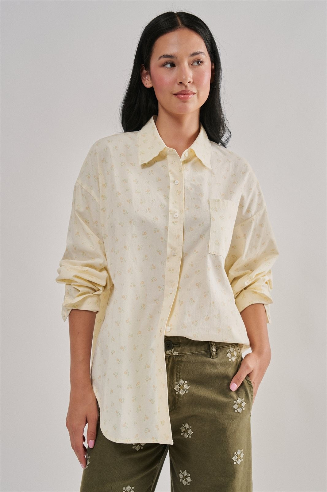 Soft Meadow Button-Down Shirt in CREAM - Women's Shirts & Blouses | Urban Daizy