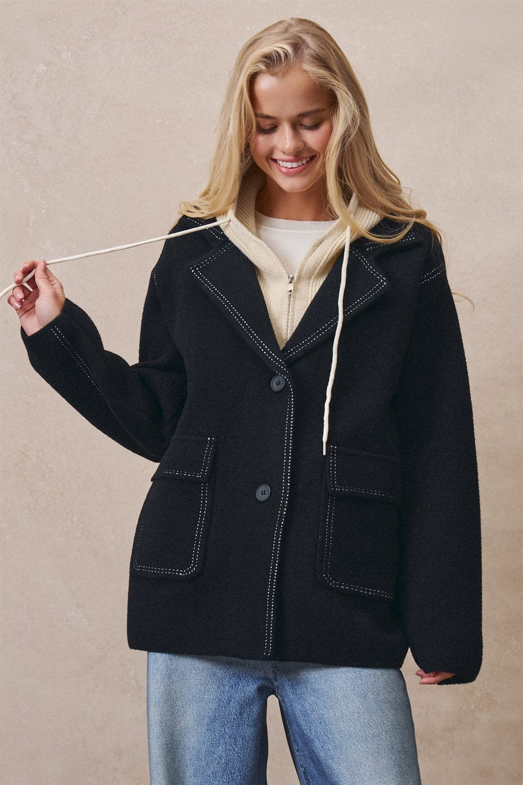 Hooded Wool Blend Oversized Short Coat in BLACK - Women's Coats | Urban Daizy