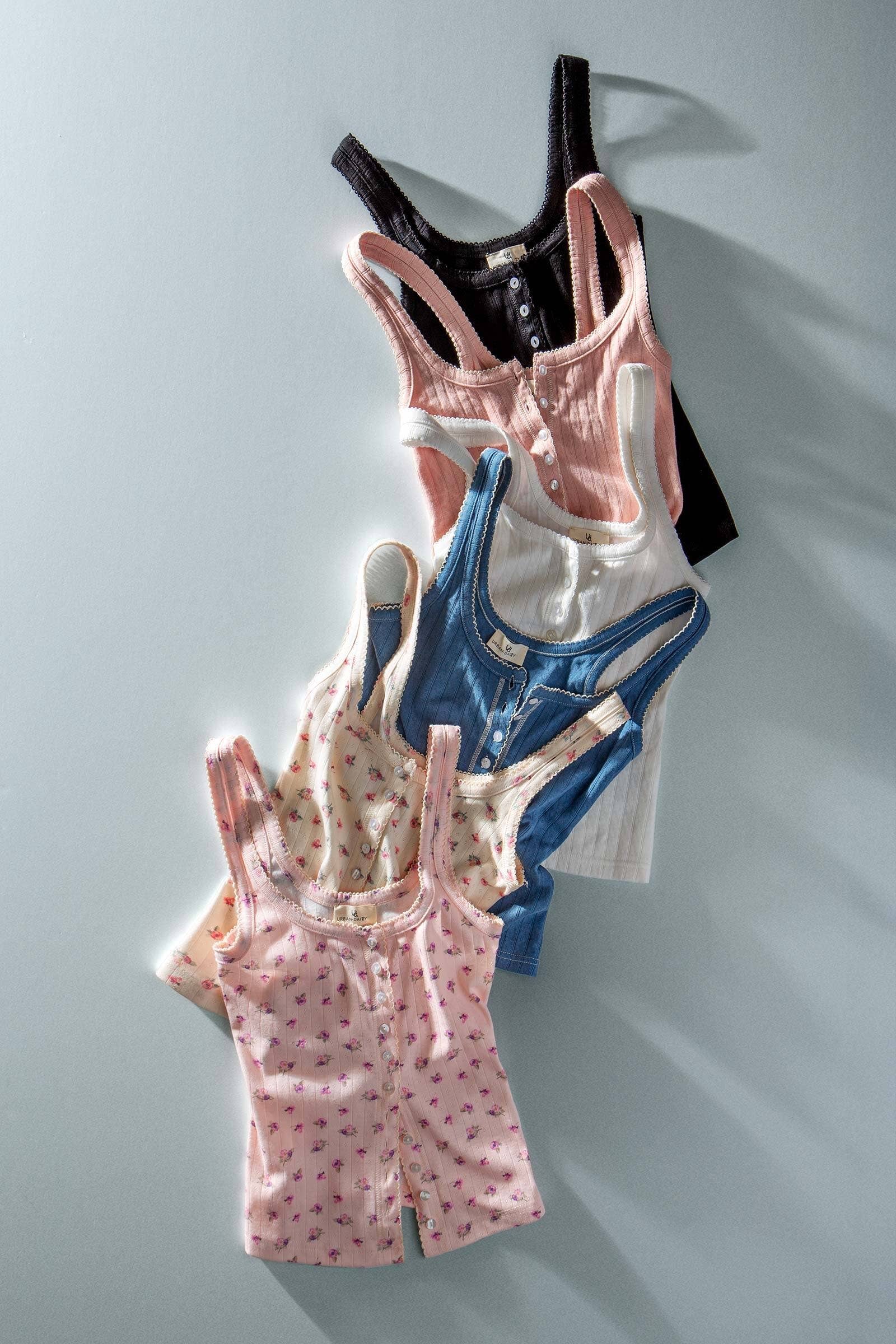 Ribbed Cotton Button-Front Picot Trim Tank