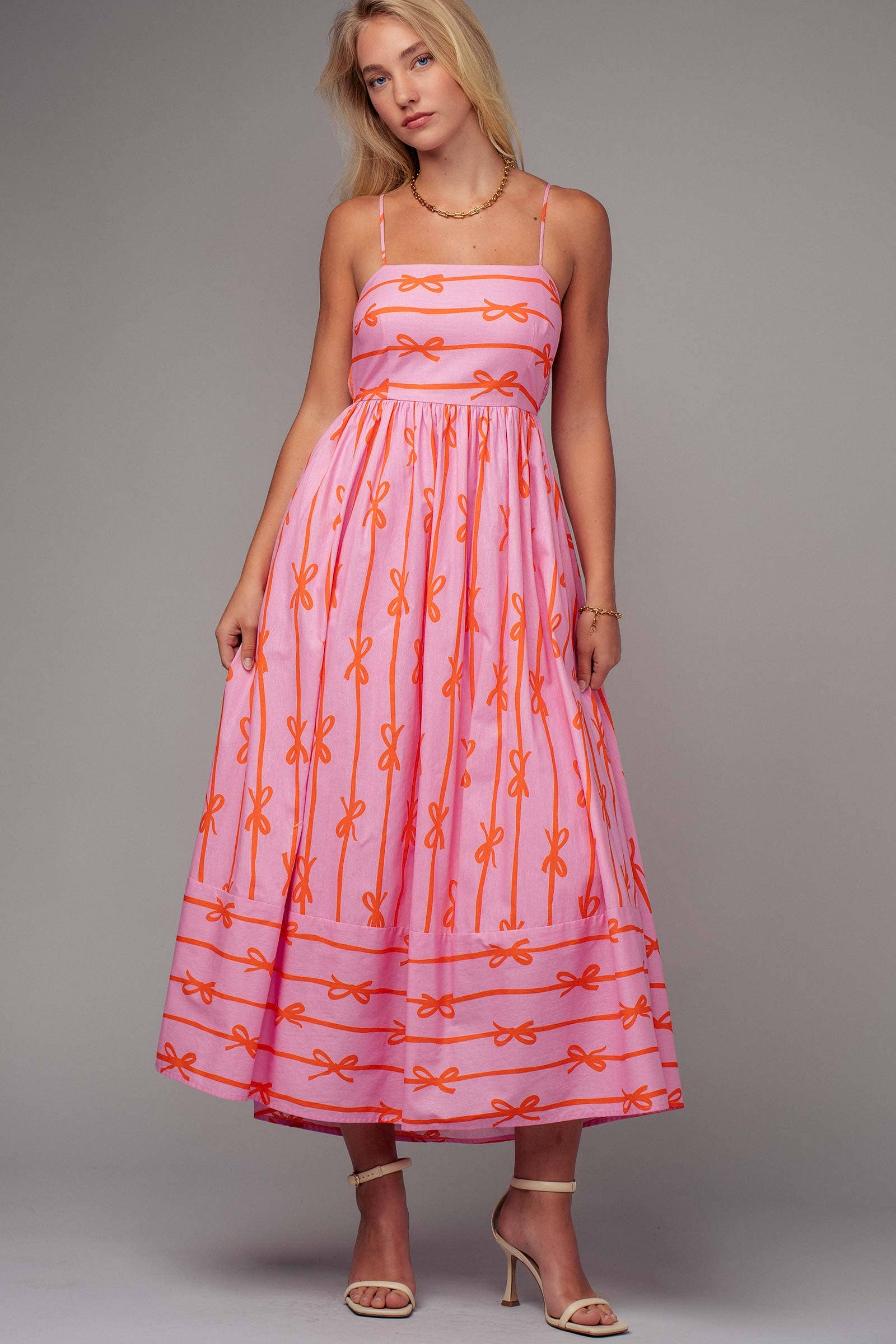 Sweet Ribbon Stripe Bow Print Smocked Back Maxi Dress