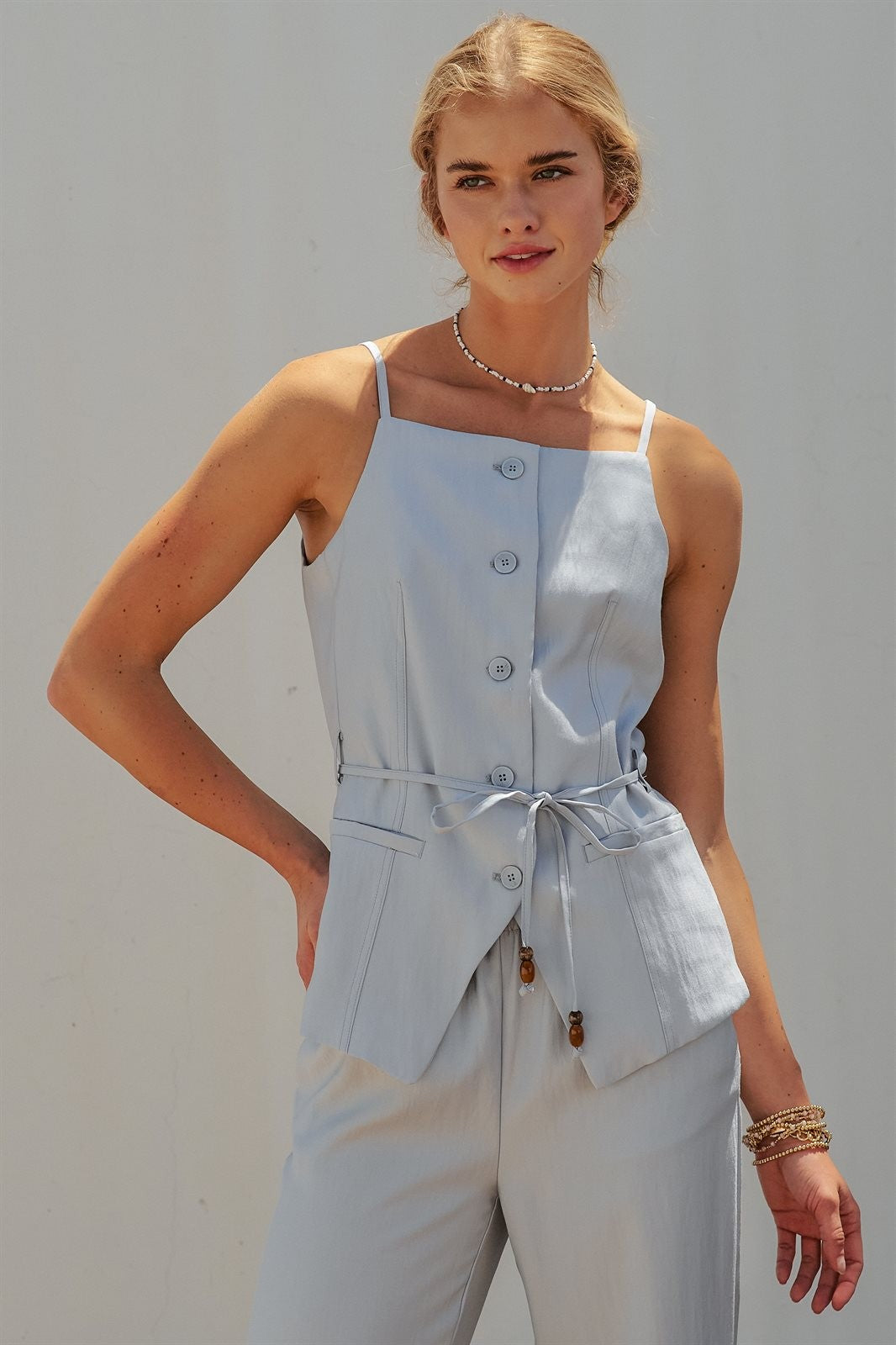 Buttoned Tie-Waist Cami Top in DEW BLUE - Women's Tops | Urban Daizy