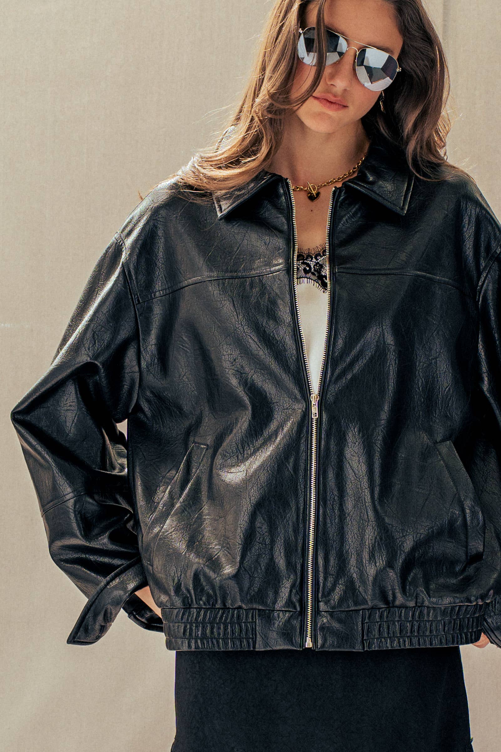 Relaxed Faux Leather Zip-Up Statement Jacket