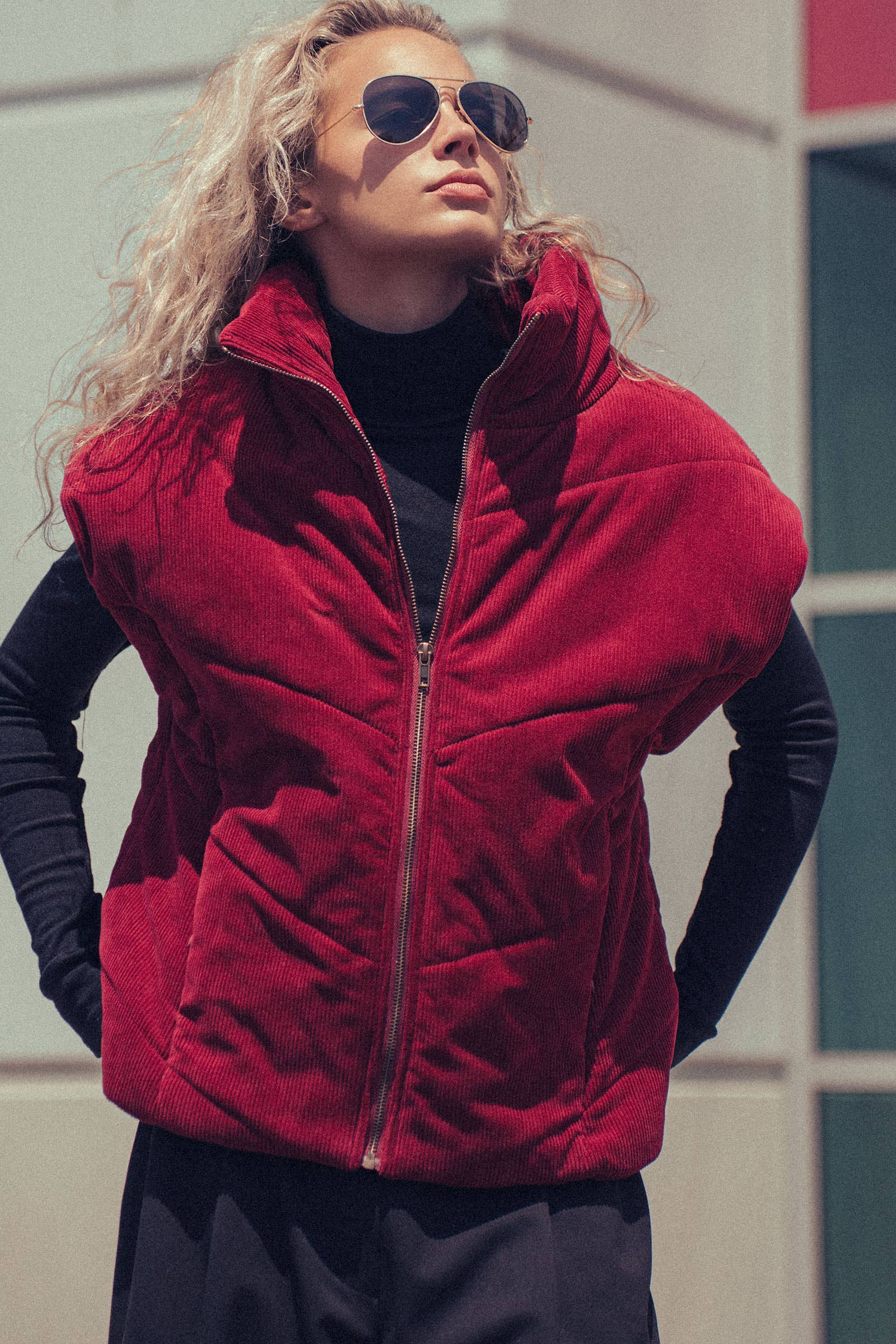 Urban Daizy Sleeveless Corduroy Toggle Hem Puff Vest Charcoal Outerwear Vest - Women's (UDZ-OT-00072) – alternate view 2