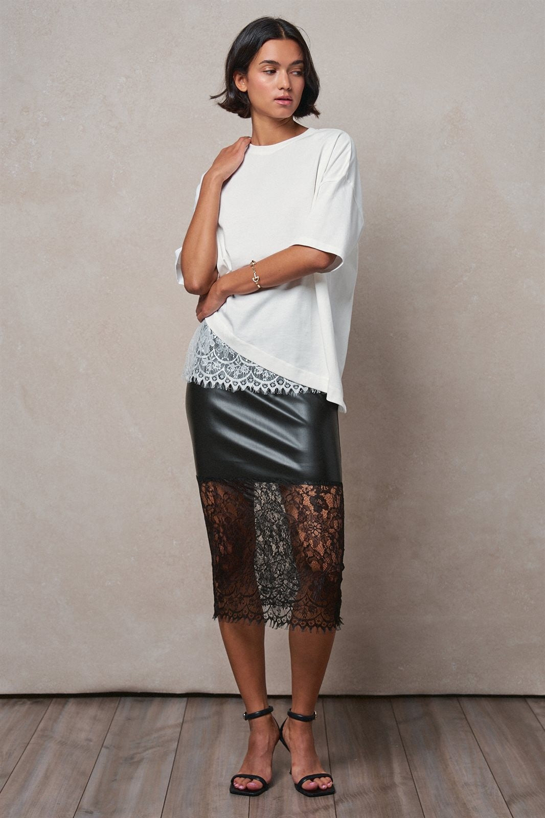 Oversized Cotton Tee with Asymmetric Lace Hem in WHITE - Women's T-Shirts & Polos | Urban Daizy