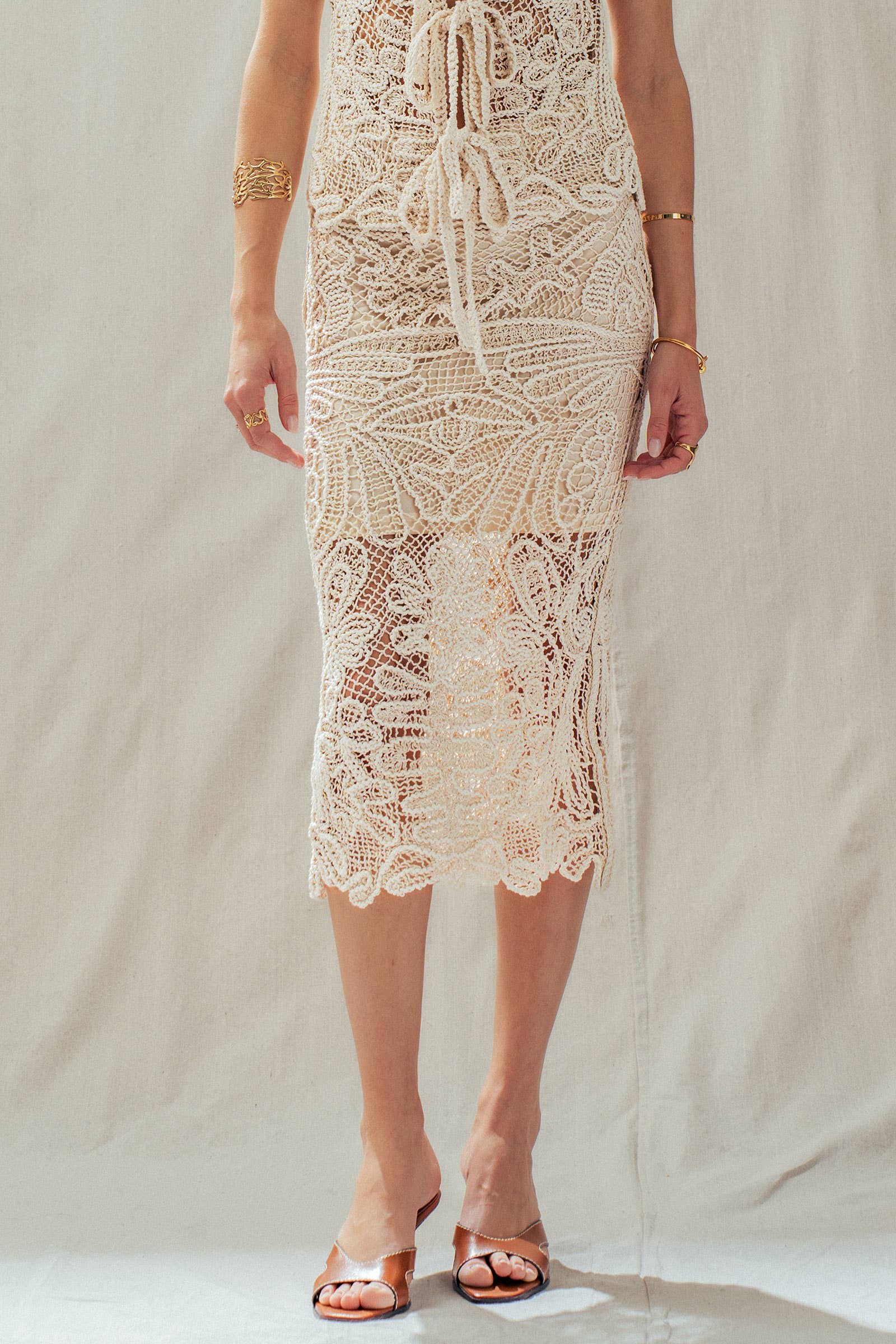 Open-Work Crochet Midi Skirt With Partial Lining