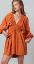 Urban Daizy Smocked V-Neck Balloon Sleeve Cotton Mini Dress Burnt-Orange Dress - Women's (UDZ-DR-00480) – alternate view 5