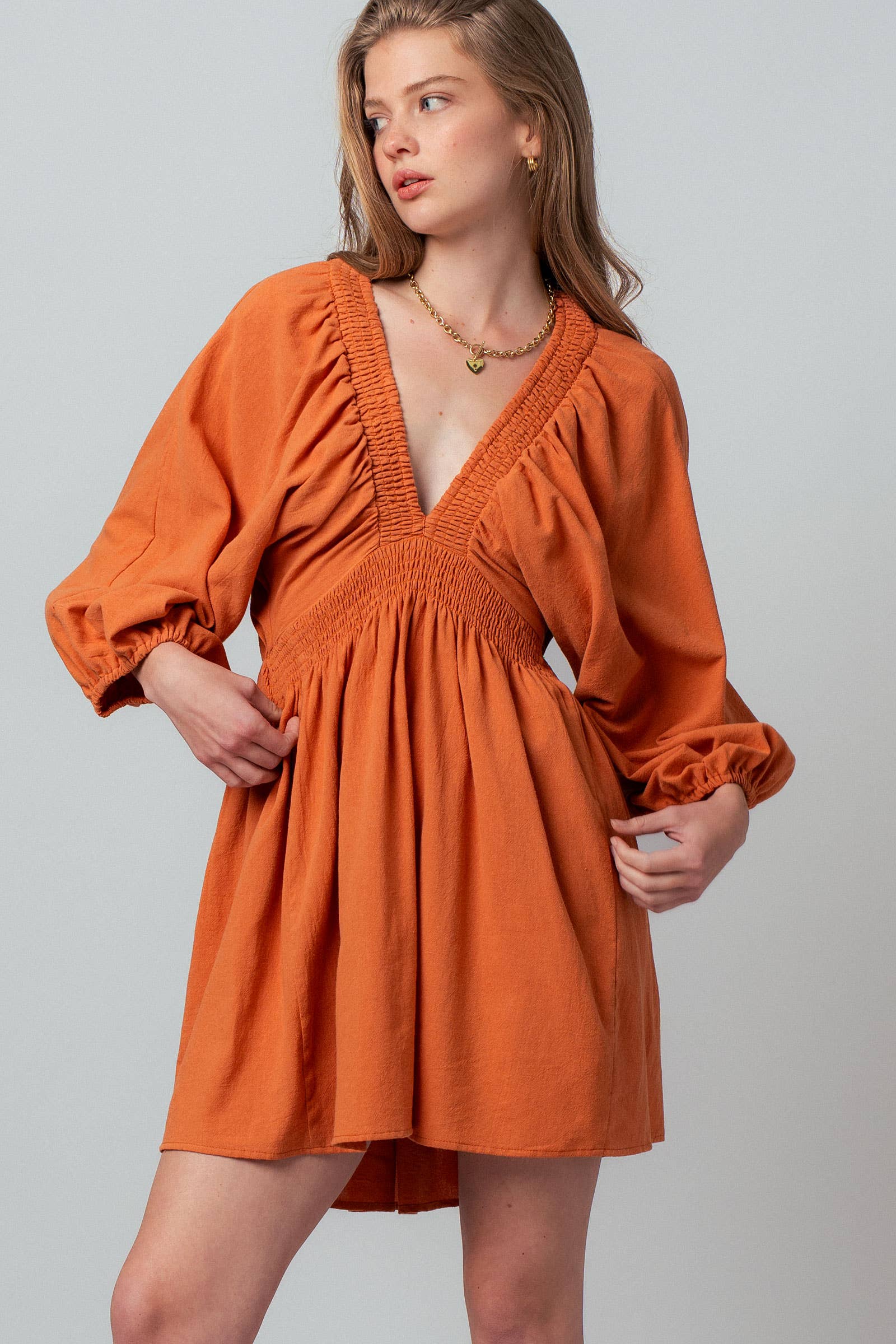 Urban Daizy Smocked V-Neck Balloon Sleeve Cotton Mini Dress Burnt-Orange Dress - Women's (UDZ-DR-00480) – alternate view 5