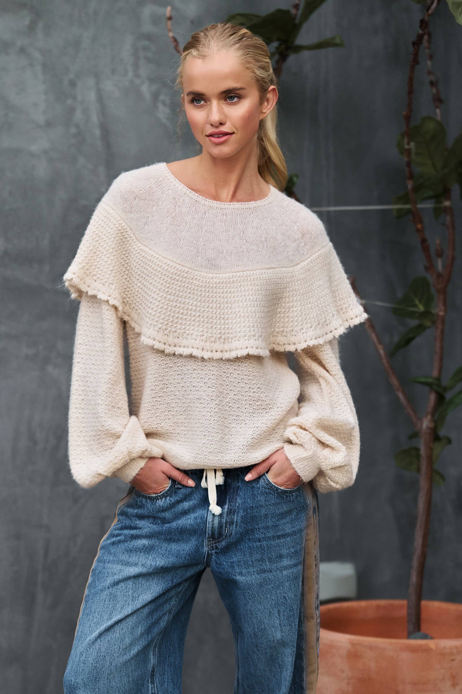 Ruffle Yoke Blouson Sleeve Knit Sweater