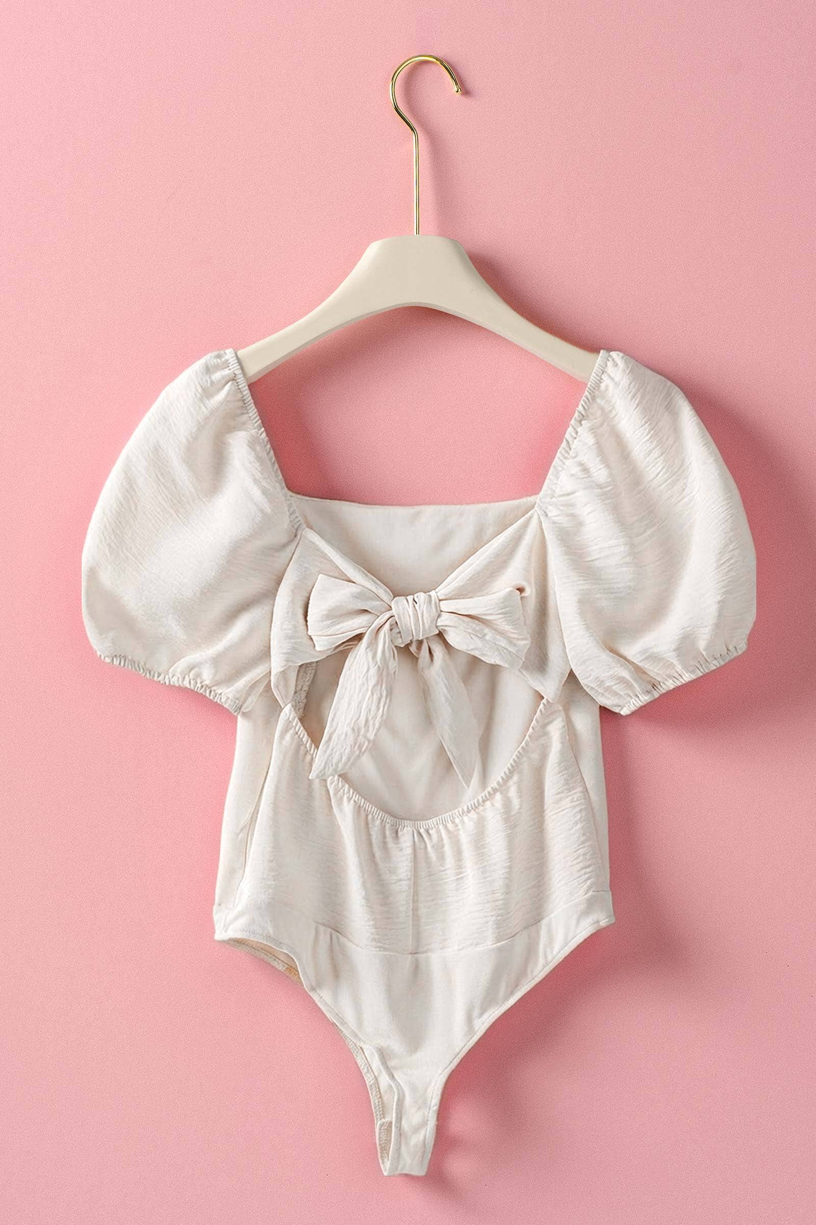 Urban Daizy Open Back Bow Tie Puff Sleeve Textured Bodysuit Black Bodysuit - Women's (TNTP3996) – alternate view 11