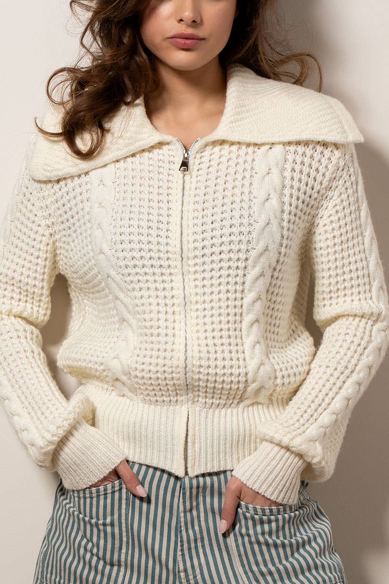 Urban Daizy Textured Cable Knit Sailor Jacket Beige-Buff Jacket - Women's (UDZ-OT-00317) – alternate view 2