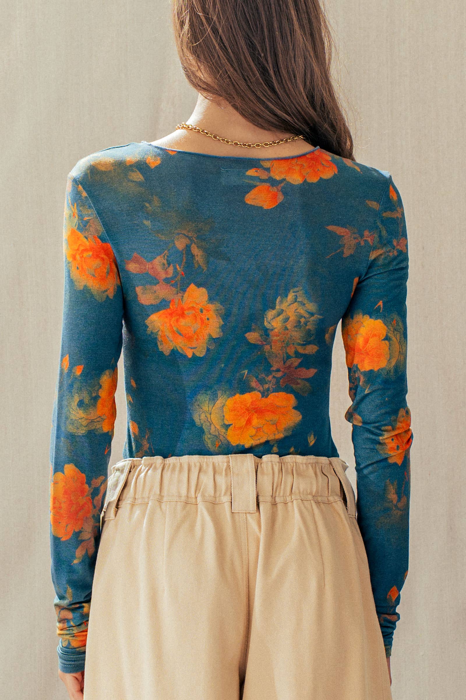 Vintage Floral Long Sleeve Top Tencel Wool Blend