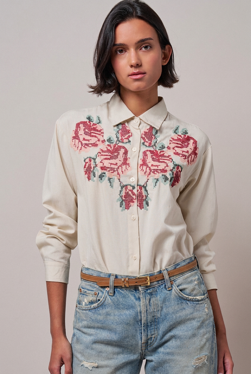 Cross-Stitch Floral Embroidered Button-Down Blouse
