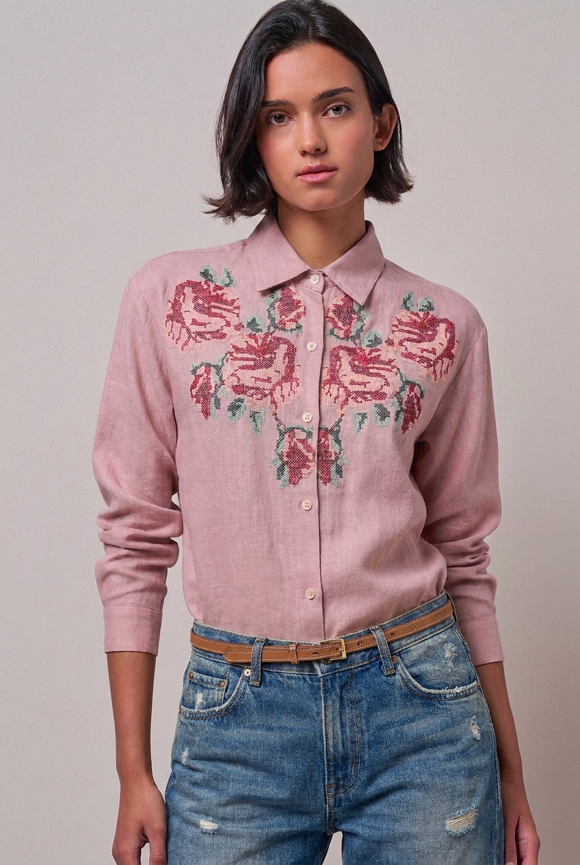 Cross-Stitch Floral Embroidered Button-Down Blouse