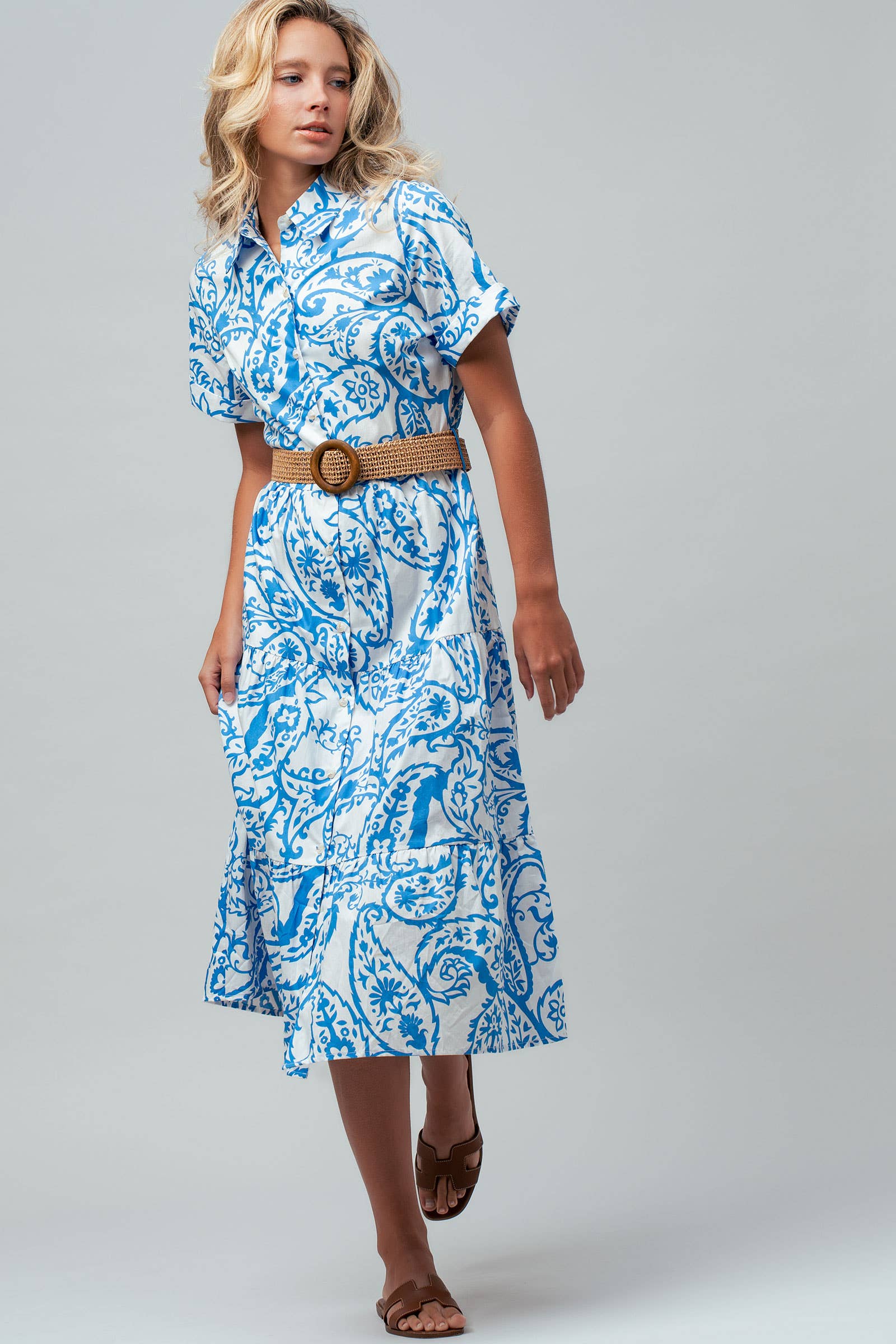 Paisley Cotton Belted Tiered Midi Shirt Dress