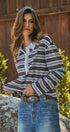 Striped Rugby Polo Long Sleeve Knit Top with Contrast Collar in IVORY BROWN - Women's T-Shirts & Polos | Urban Daizy