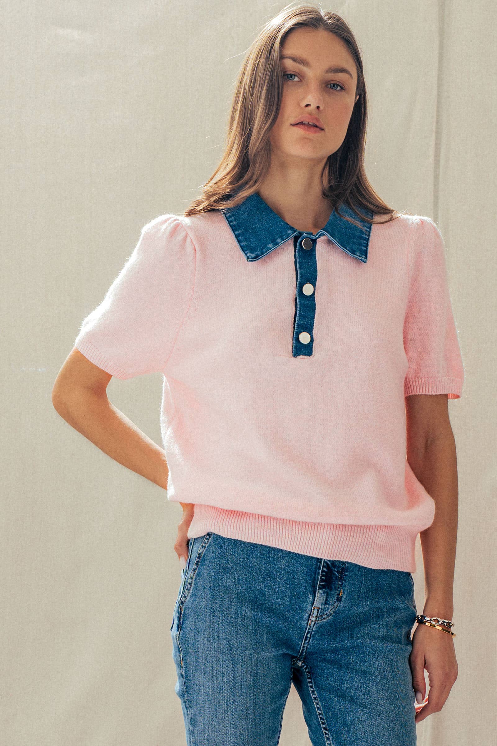 Contrast Denim Collar Knit Sweater Top