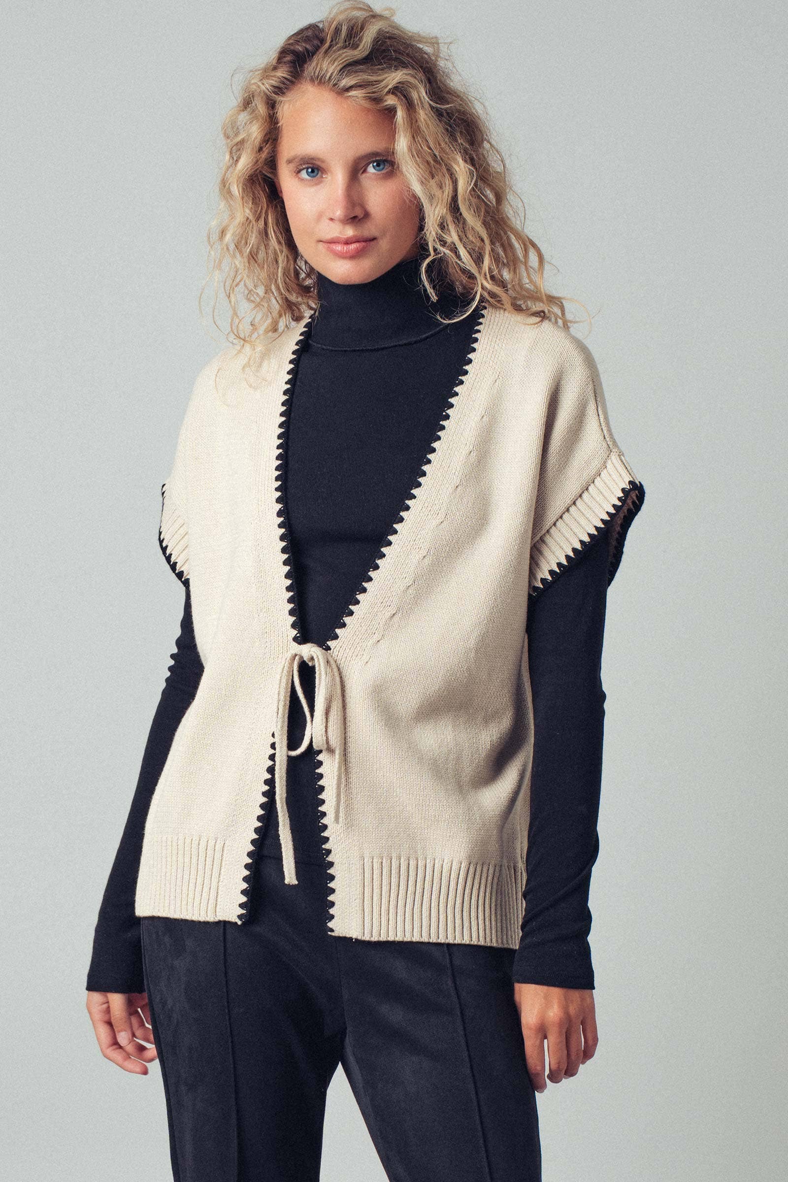 Crochet Trim Tie Front Knit Vest