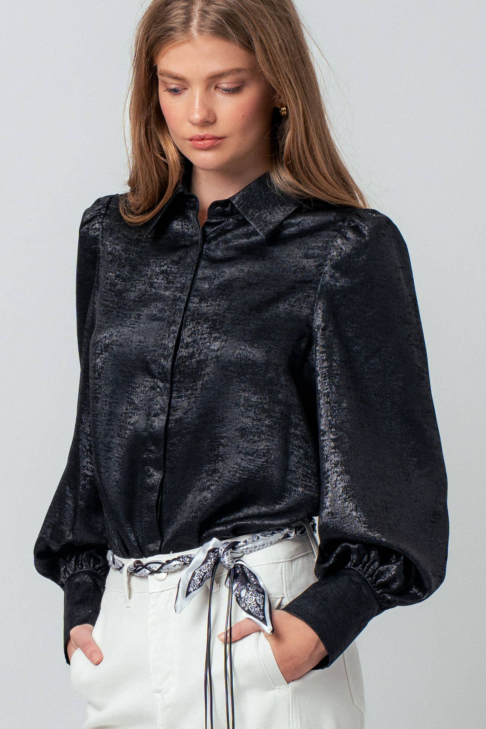 Metallic Billowy Sleeve Button Down Blouse