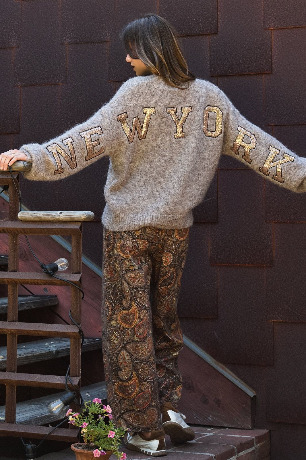 New York Sequin Letter Fuzzy Wool Blend Pullover Sweater in MOCHA - Women's Sweaters | Urban Daizy