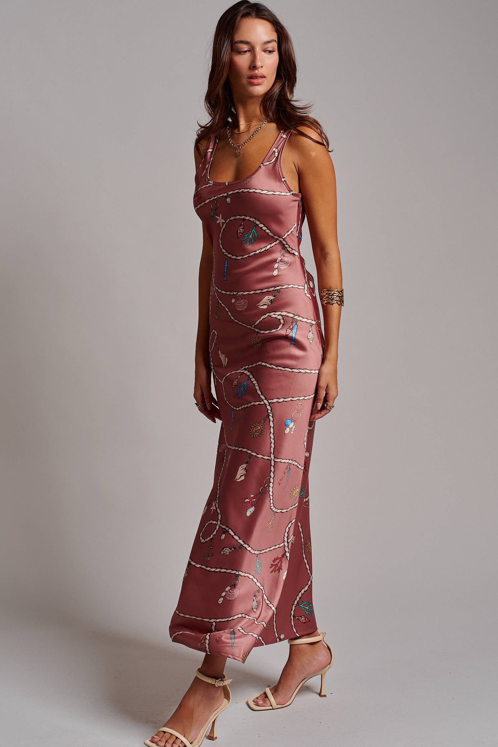 Urban Daizy Coastal Rope Print Satin Slip Midi Dress Brown Dress - Women's (UDDR0360-Brown) – alternate view 4