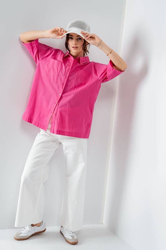 Urban Daizy Oversized Cotton Button-Up Shirt Magenta Button Down Shirt - Women's (UDZ-TP-00558) – alternate view 3