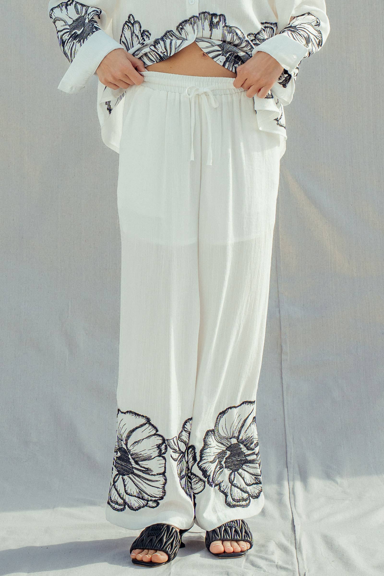 Floral Embroidered Wide Leg Drawstring Pants