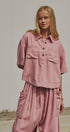 Washed Utility Half-Placket Cropped Shirt in PINK - Women's Shirts & Blouses | Urban Daizy