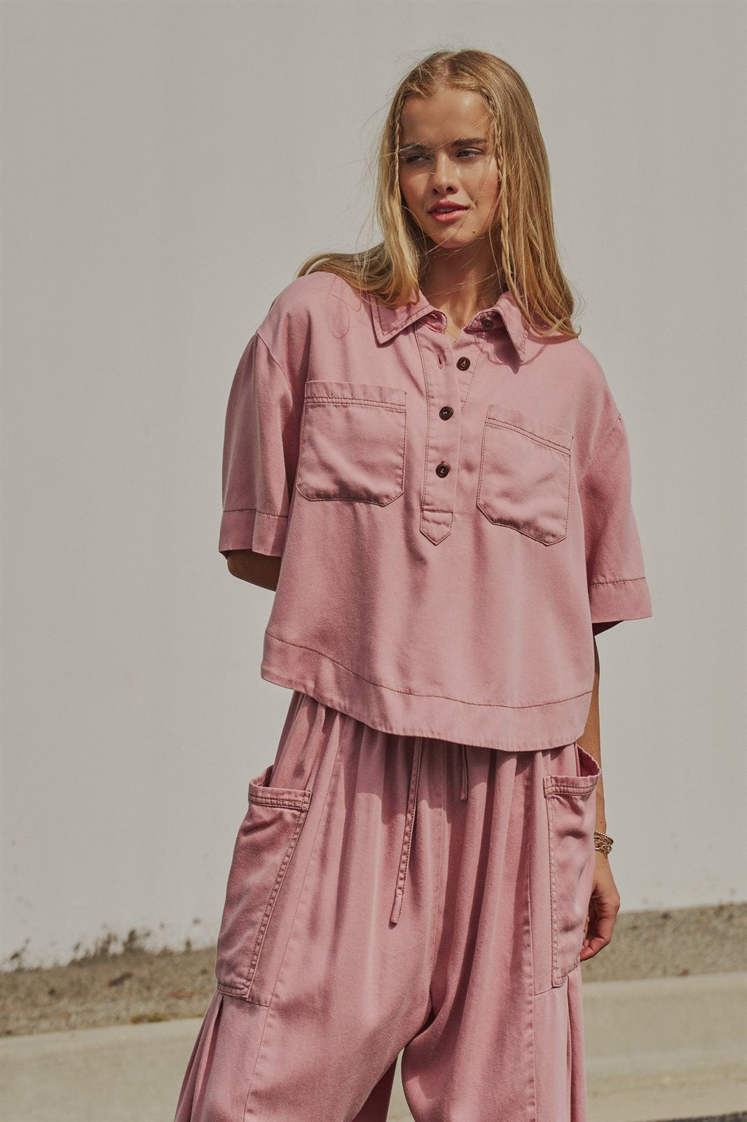 Washed Utility Half-Placket Cropped Shirt in PINK - Women's Shirts & Blouses | Urban Daizy