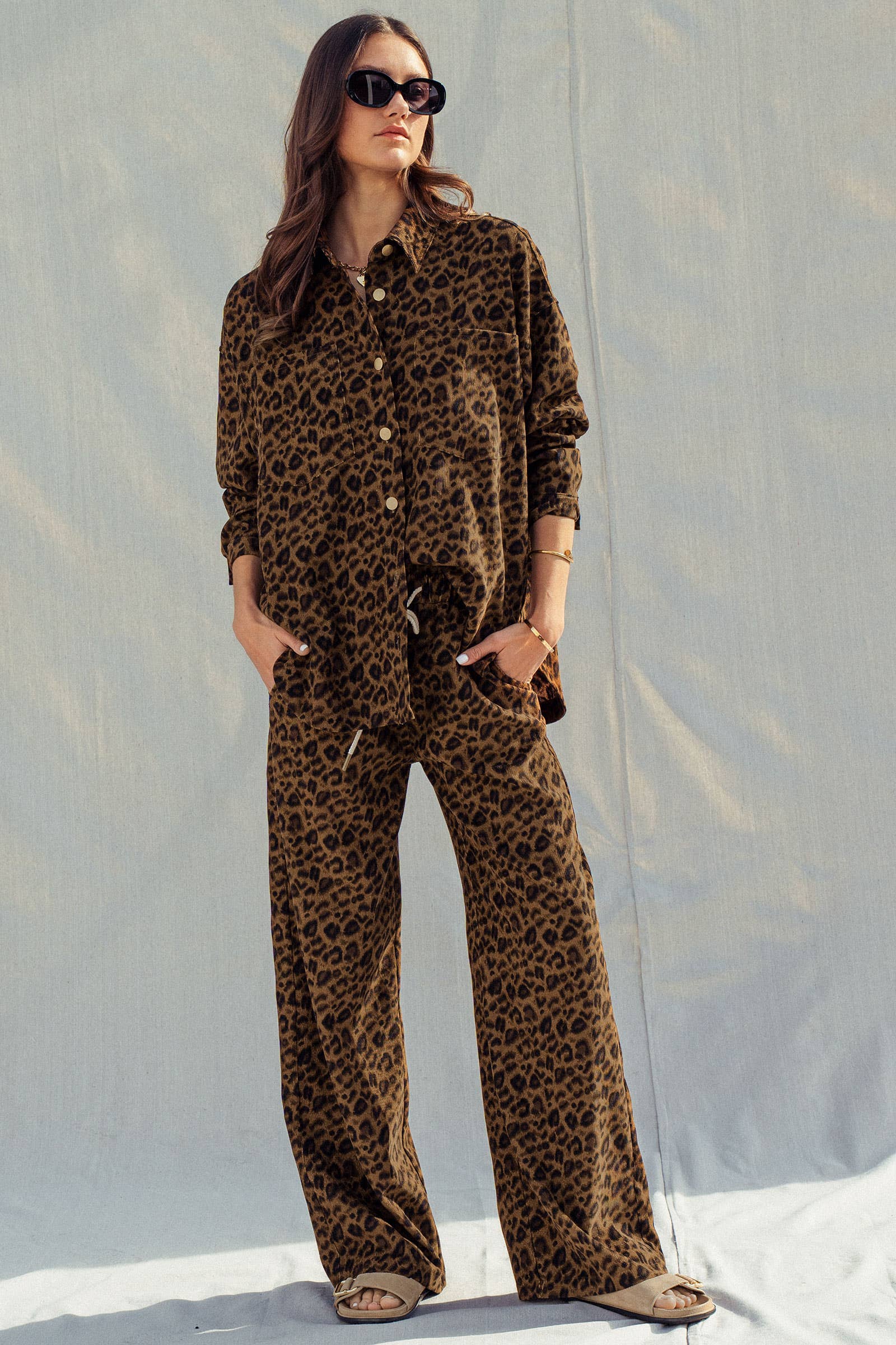 Urban Daizy Leopard Print Set–Oversized Button-Up Shirt & Relaxed Pants Leopard Lounge Set - Women's (UDZ-AC-00201) – alternate view 2