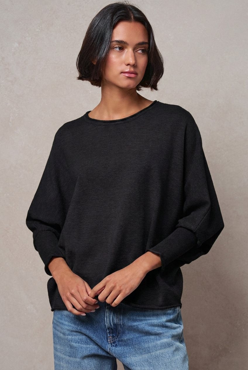 Dolman Sleeve Knit Top Boat Neck Boho Slouchy Sweater in BLACK - Women's Sweaters | Urban Daizy