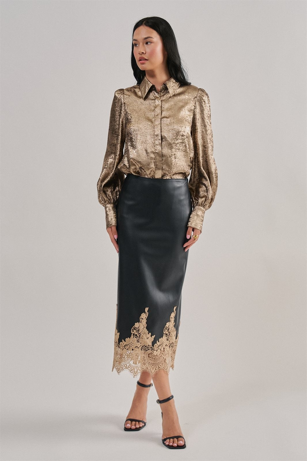 Metallic Shimmer Button Down Blouse with Puff Sleeves in GOLD - Women's Shirts & Blouses | Urban Daizy
