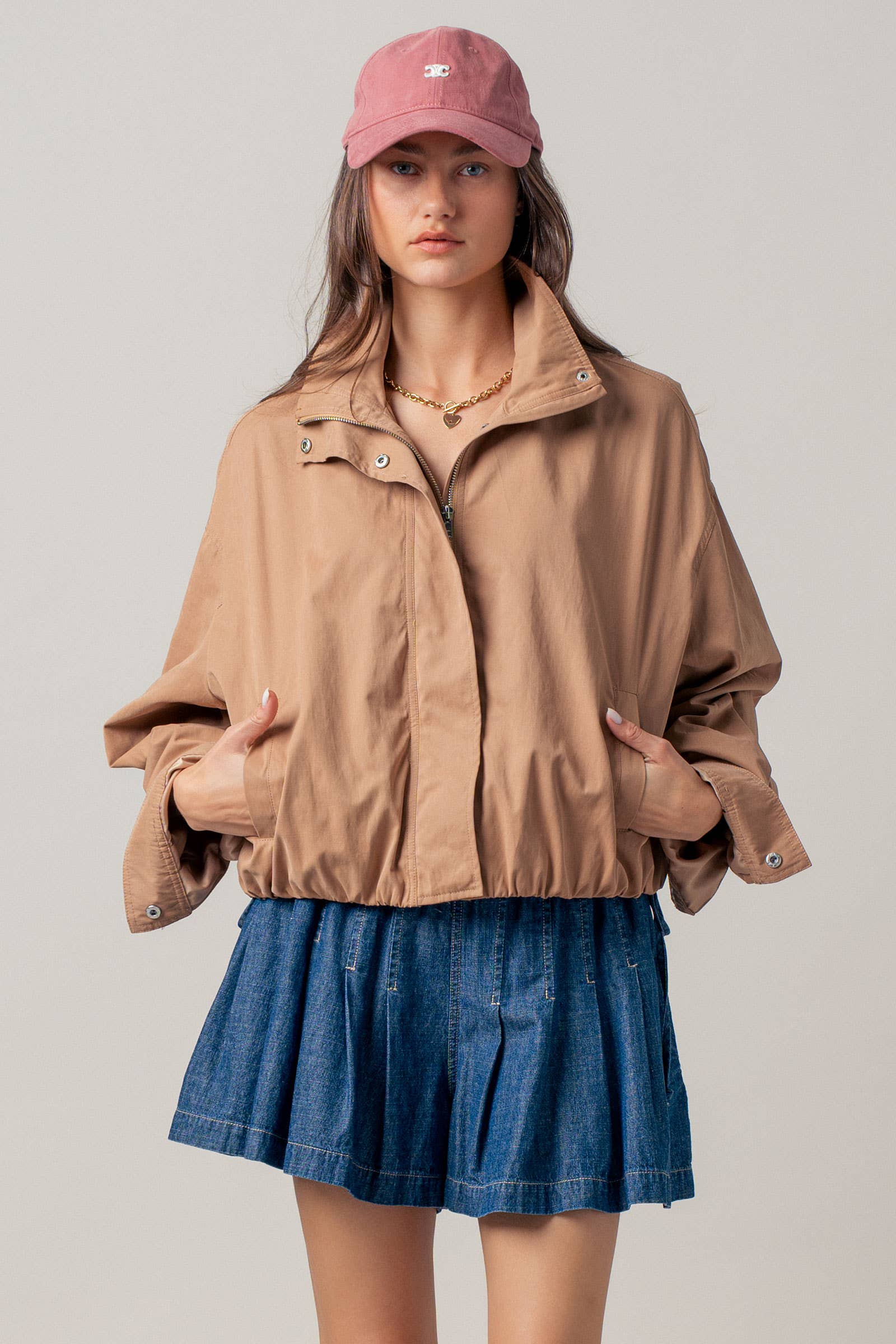 Modern Relaxed Stand Collar Camel Zip Jacket