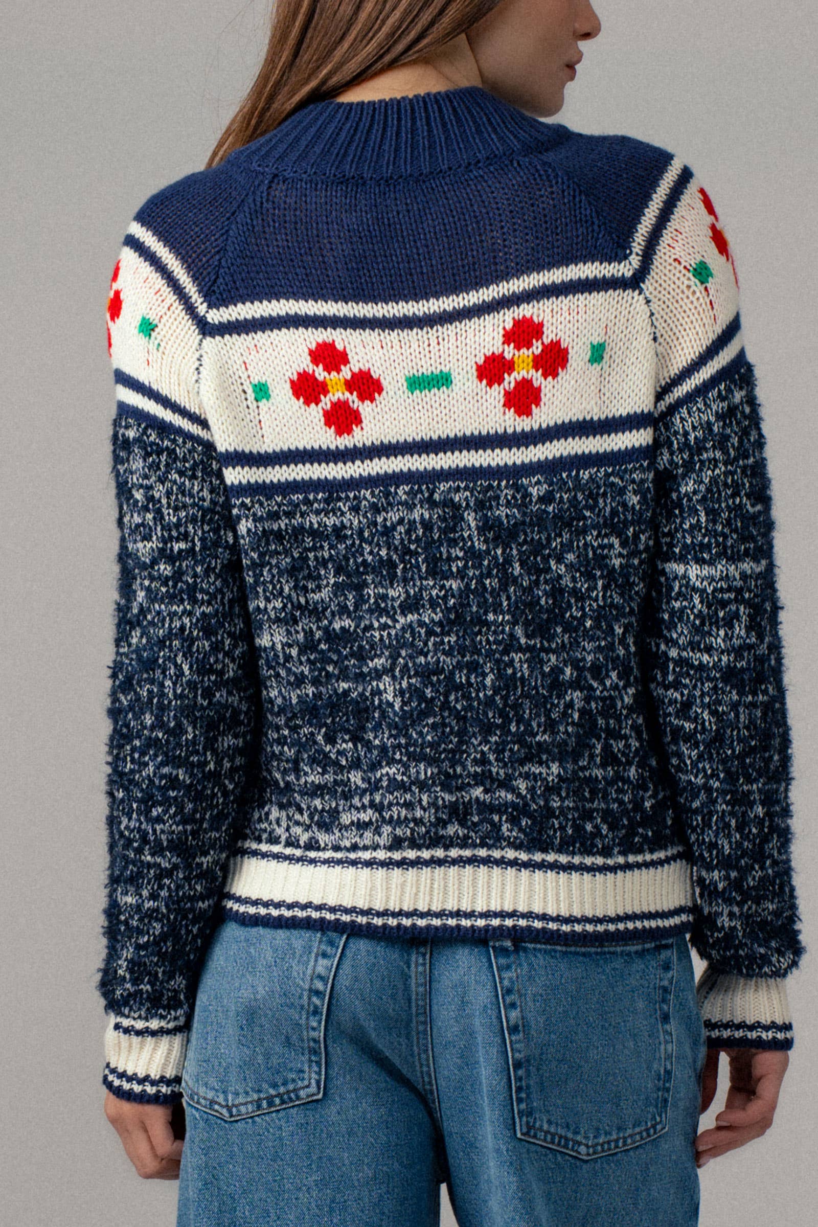 Urban Daizy Floral Yoke Zip-Up Knit Cardigan Navy-Multi Cardigan - Women's (UDZ-TP-00814) – alternate view 5