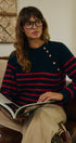 Striped Mock Neck Sweater with Gold Button Shoulder in RED/NAVY - Women's Sweaters | Urban Daizy
