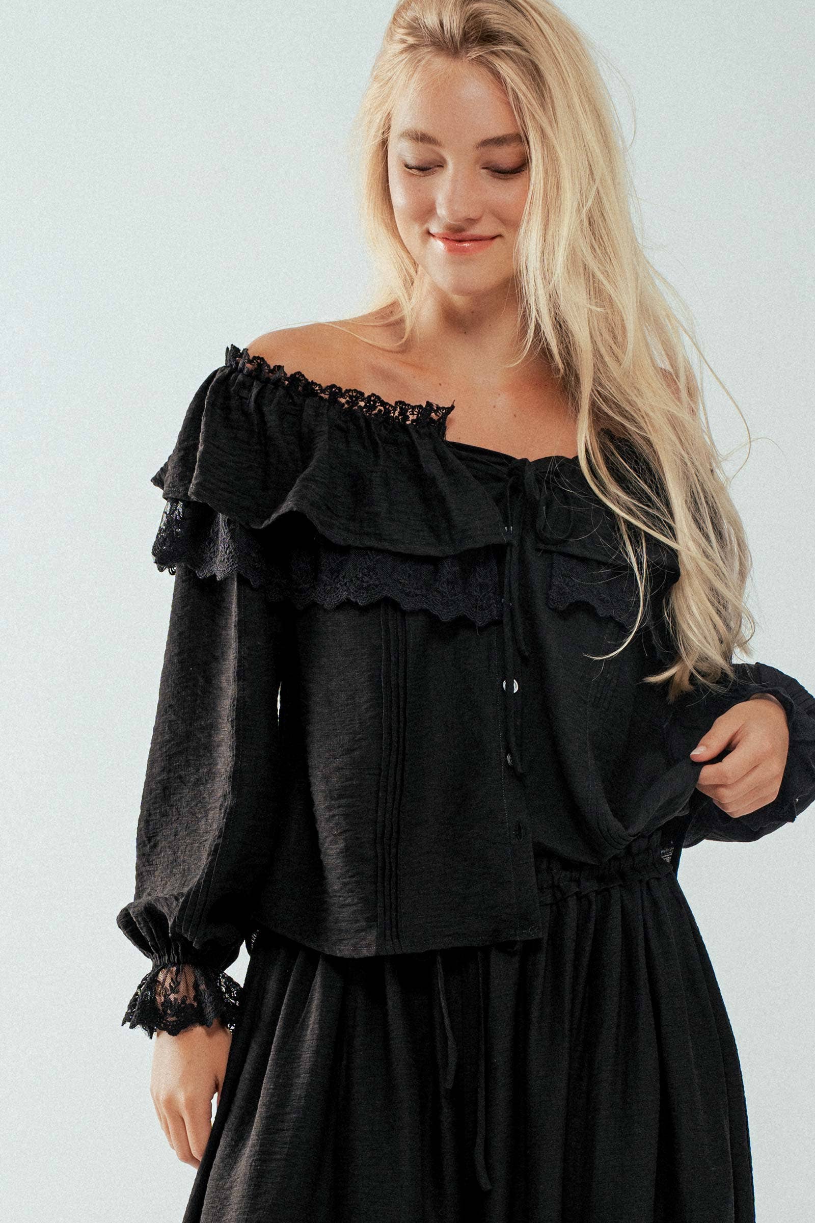 Lace Trim Ruffle Tie Neck Spring Blouse Top