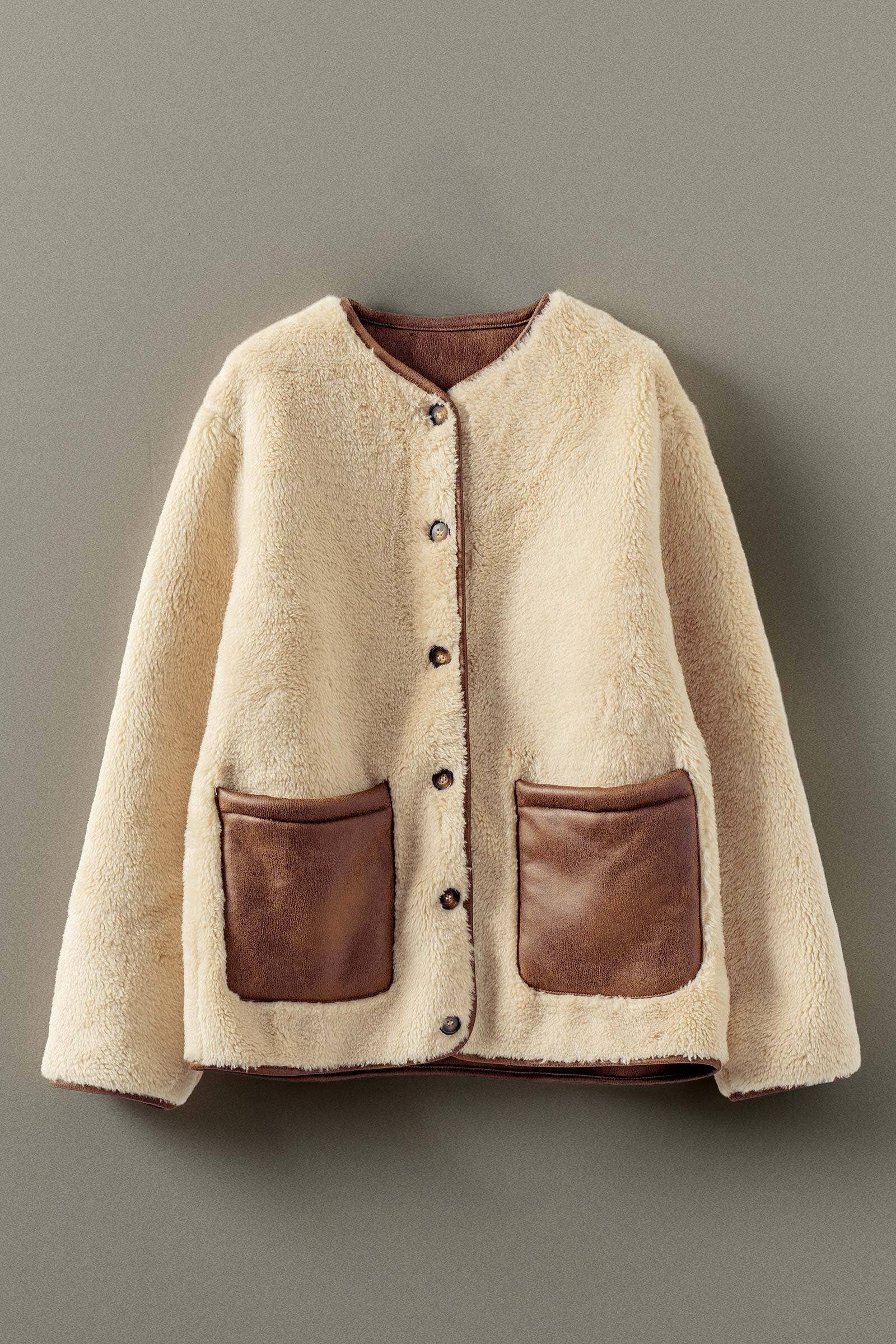 Faux Shearling Jacket with Suede Pockets