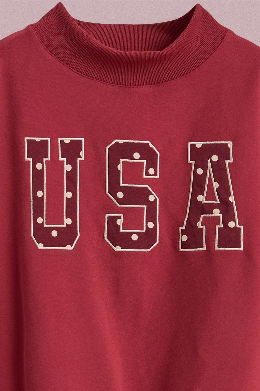 USA Polka Dot Varsity Letter Mock Neck Sweatshirt in BURGUNDY - Women's Sweatshirts & Hoodies | Urban Daizy