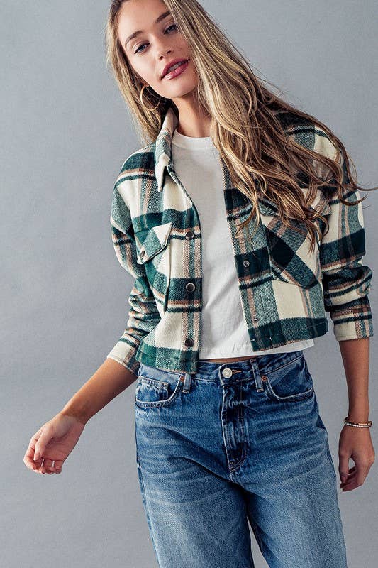 Urban Daizy BELLA SNAP BUTTON PLAID CROP JACKET Camel Jacket - Women's (UDZ-OT-00264) – alternate view 10