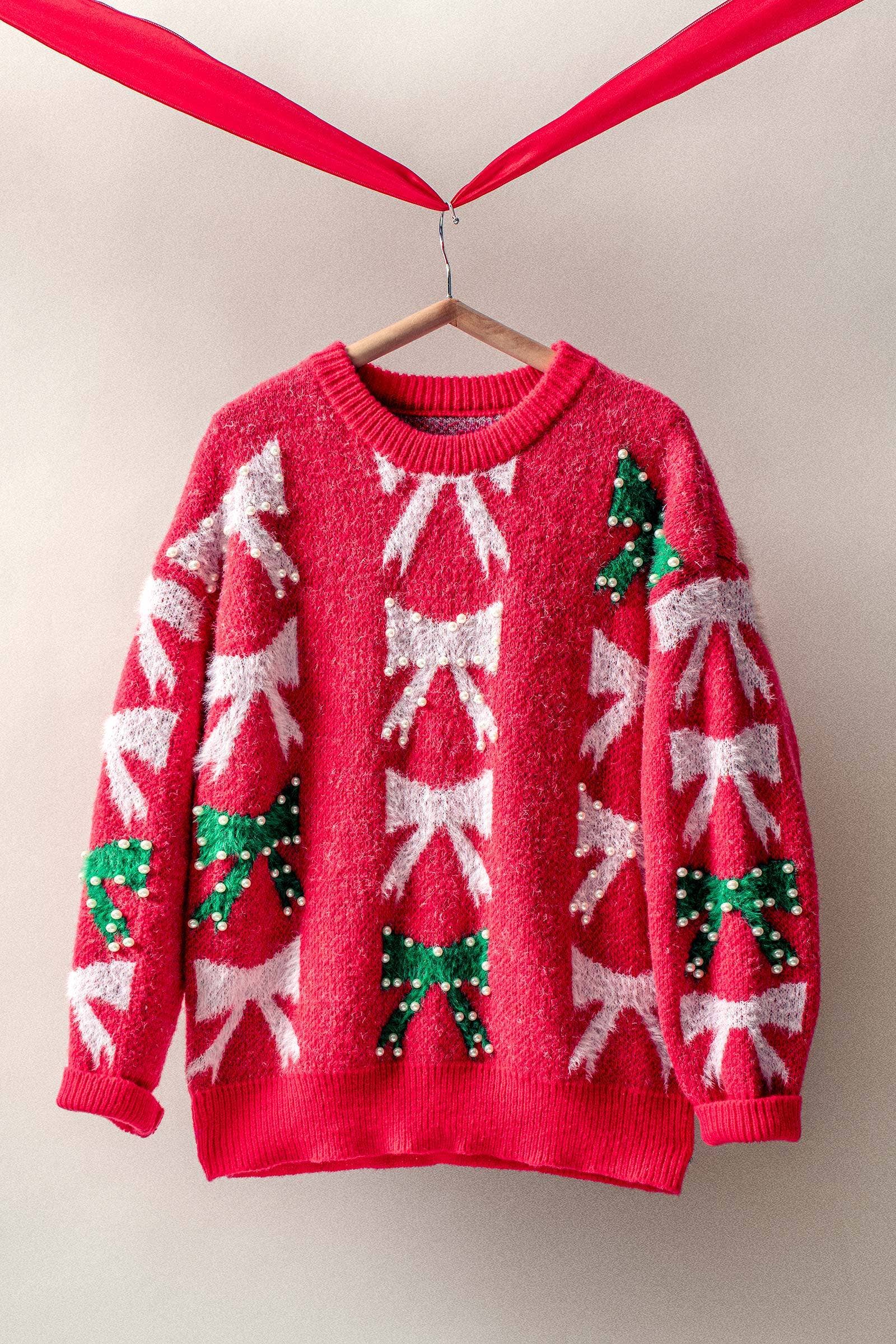 Urban Daizy Holiday Bow Knit Sweater – Pearl Embellished, Relaxed Fit Red Knit Sweater - Women's (UDZ-KN-00150)