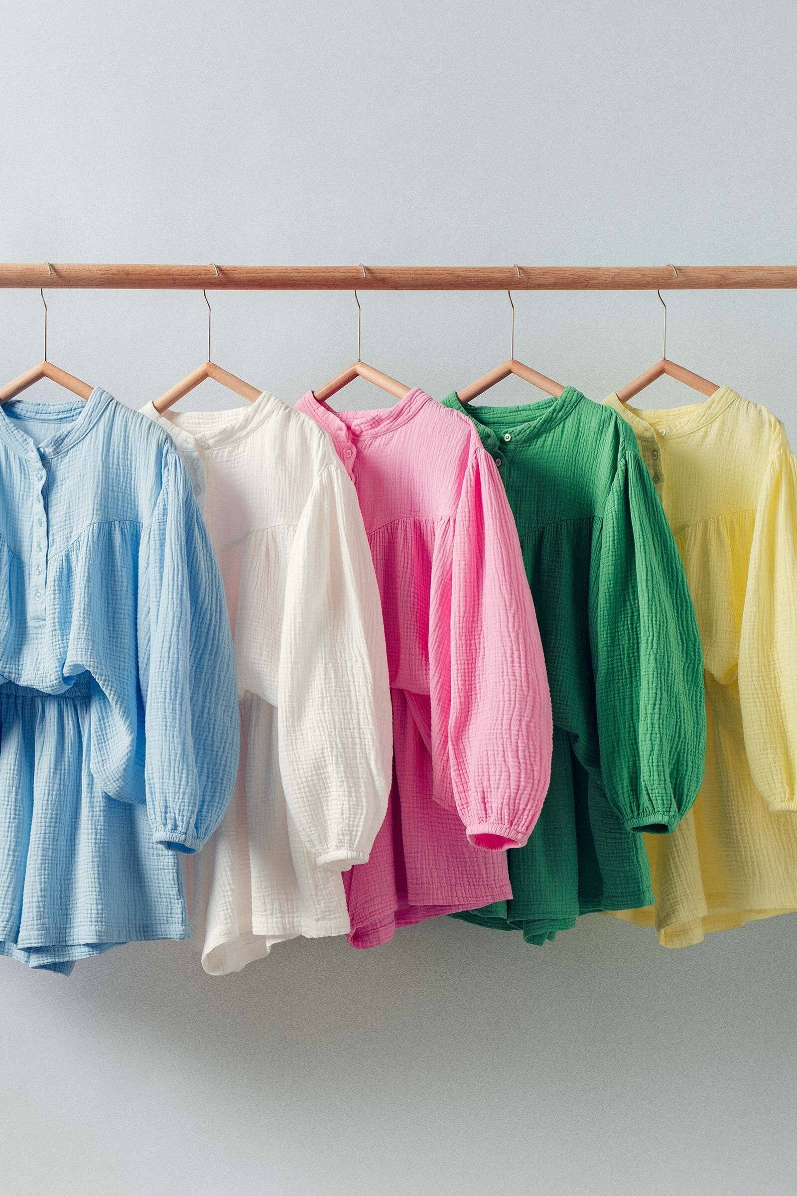 Garment Dyed Cotton Gauze Button Down Top And Shorts Set