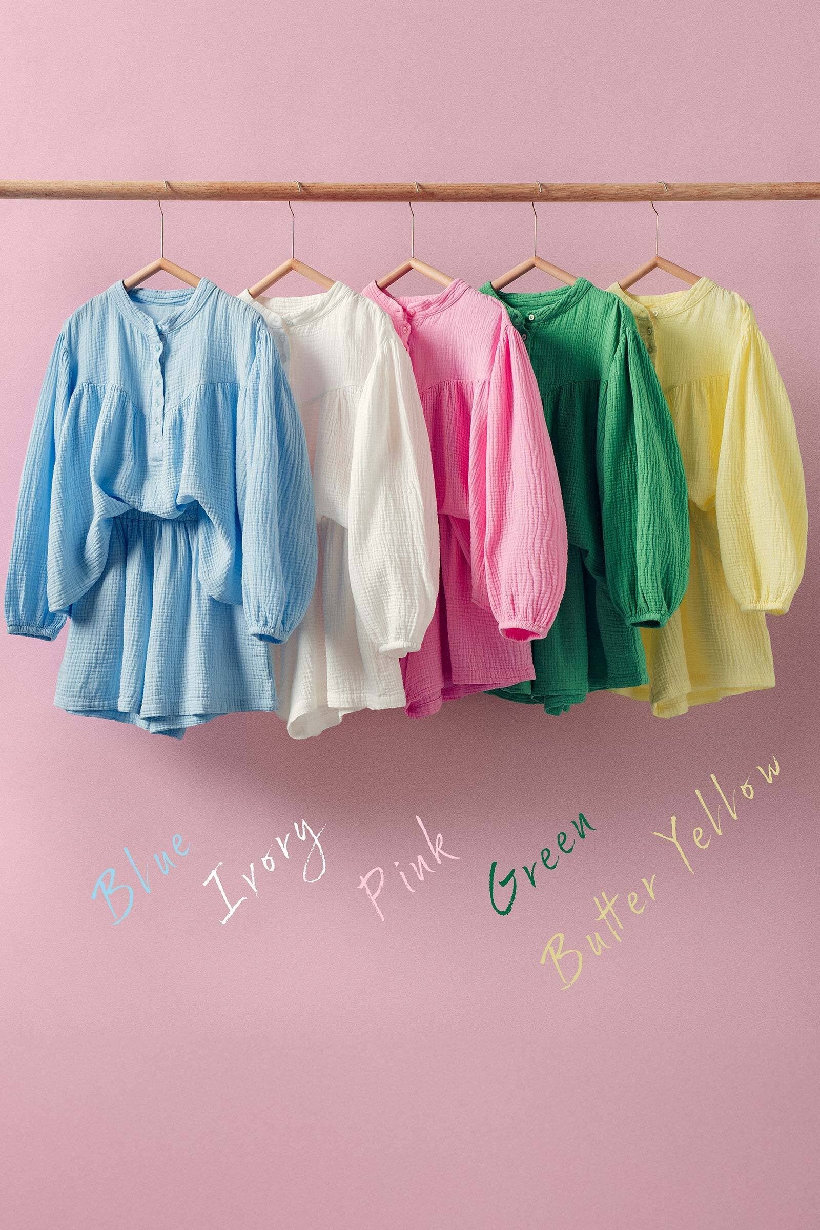 Garment Dyed Cotton Gauze Button Down Top And Shorts Set