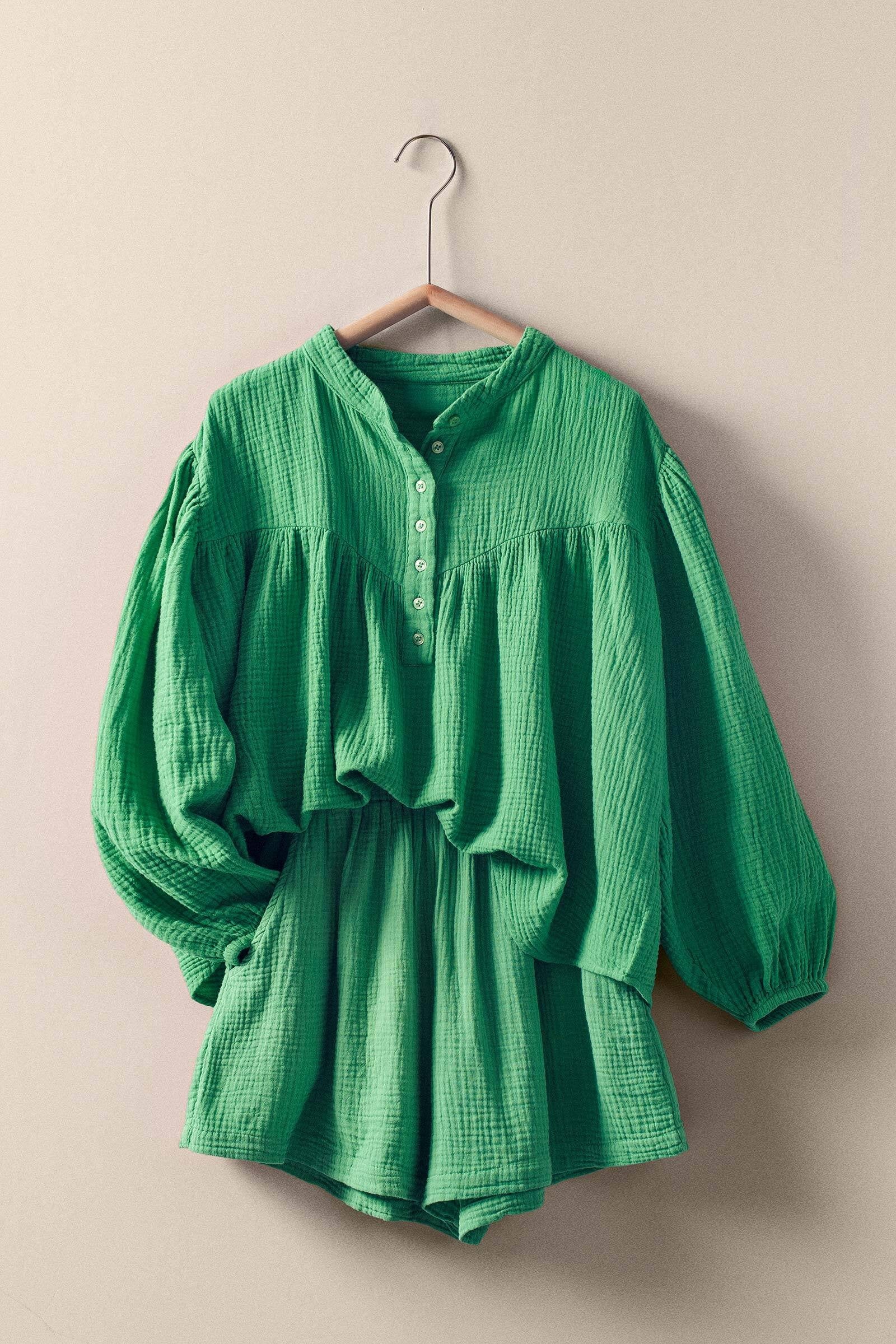 Garment Dyed Cotton Gauze Button Down Top And Shorts Set