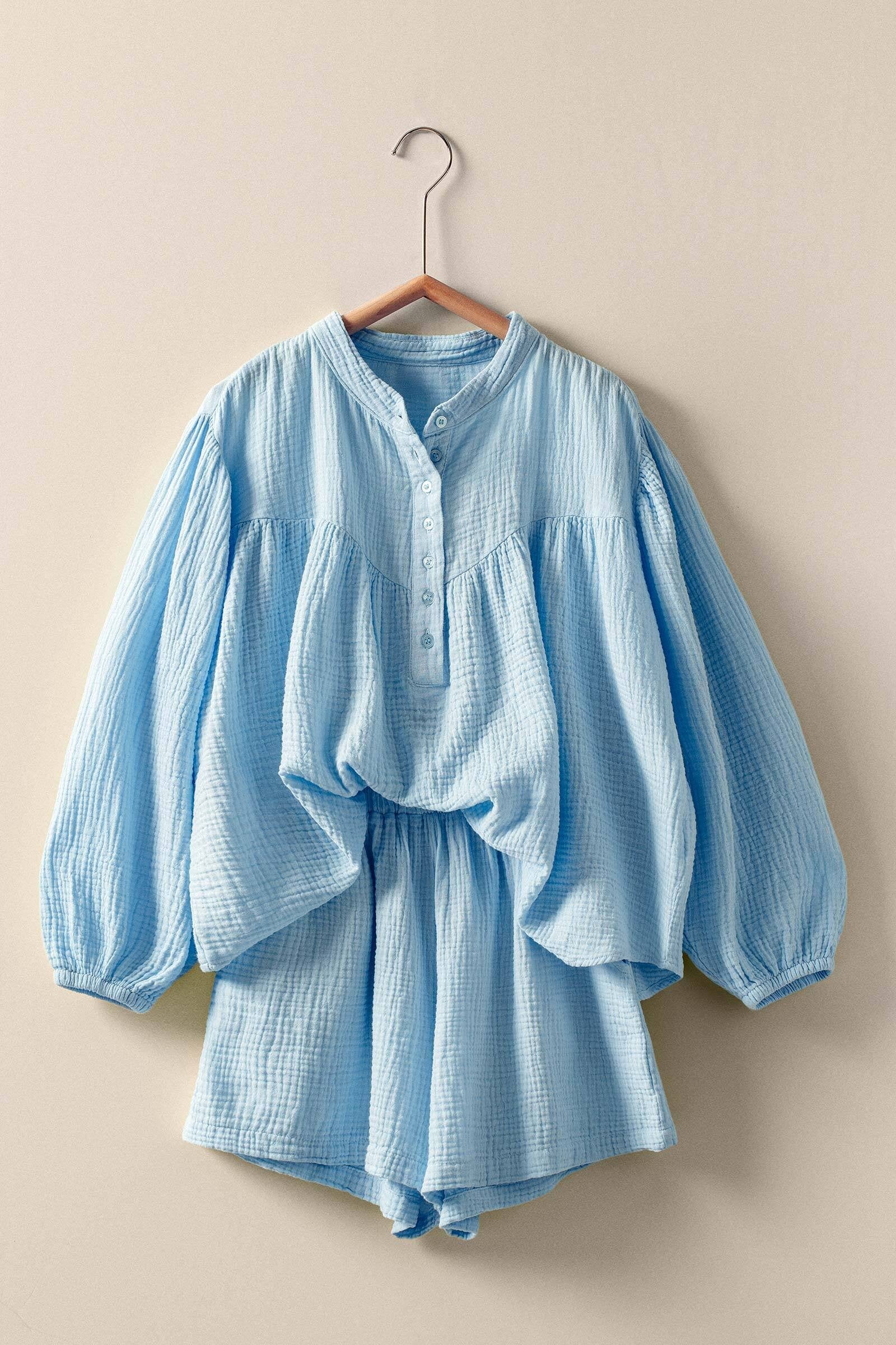Garment Dyed Cotton Gauze Button Down Top And Shorts Set