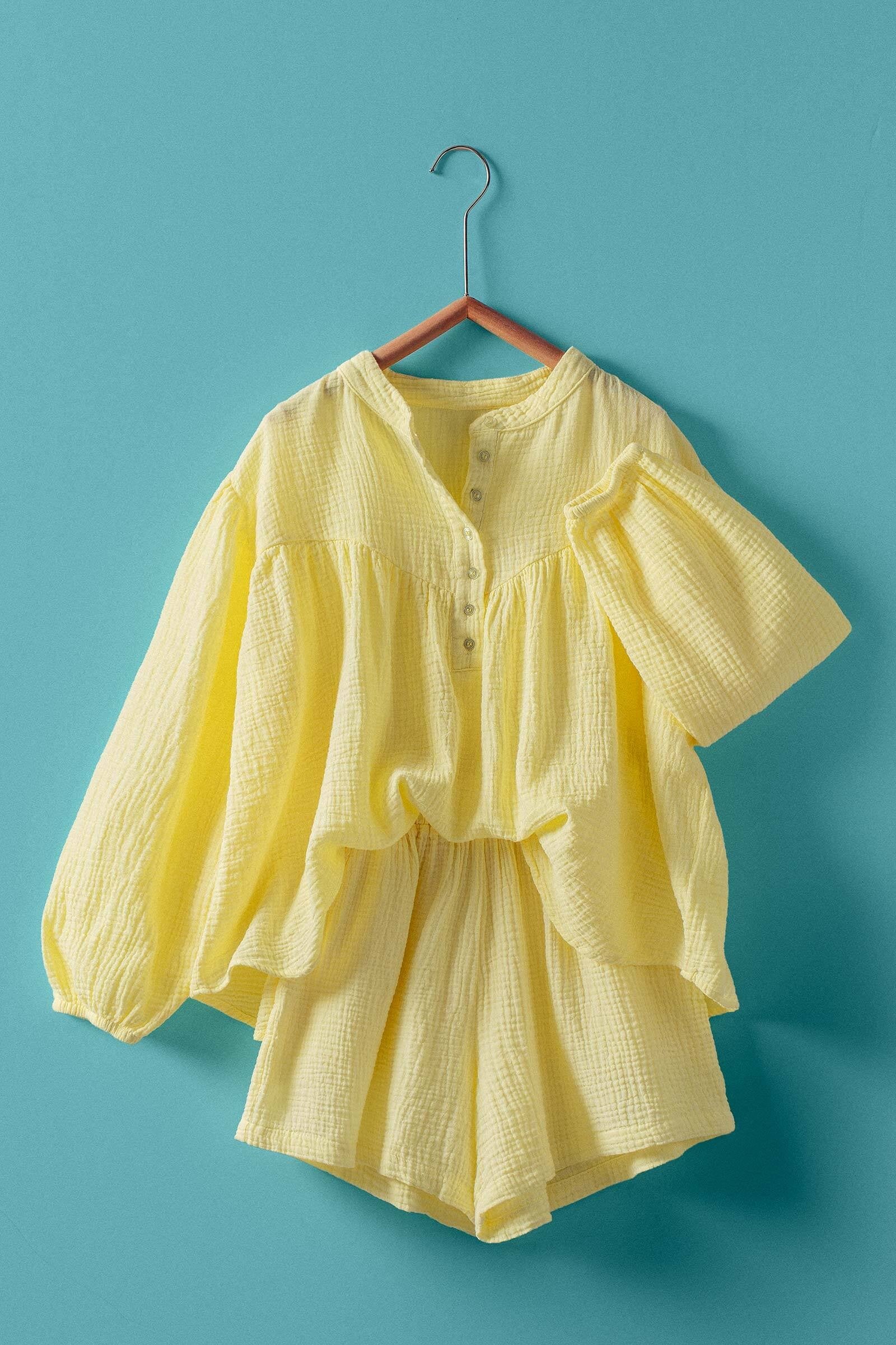 Garment Dyed Cotton Gauze Button Down Top And Shorts Set