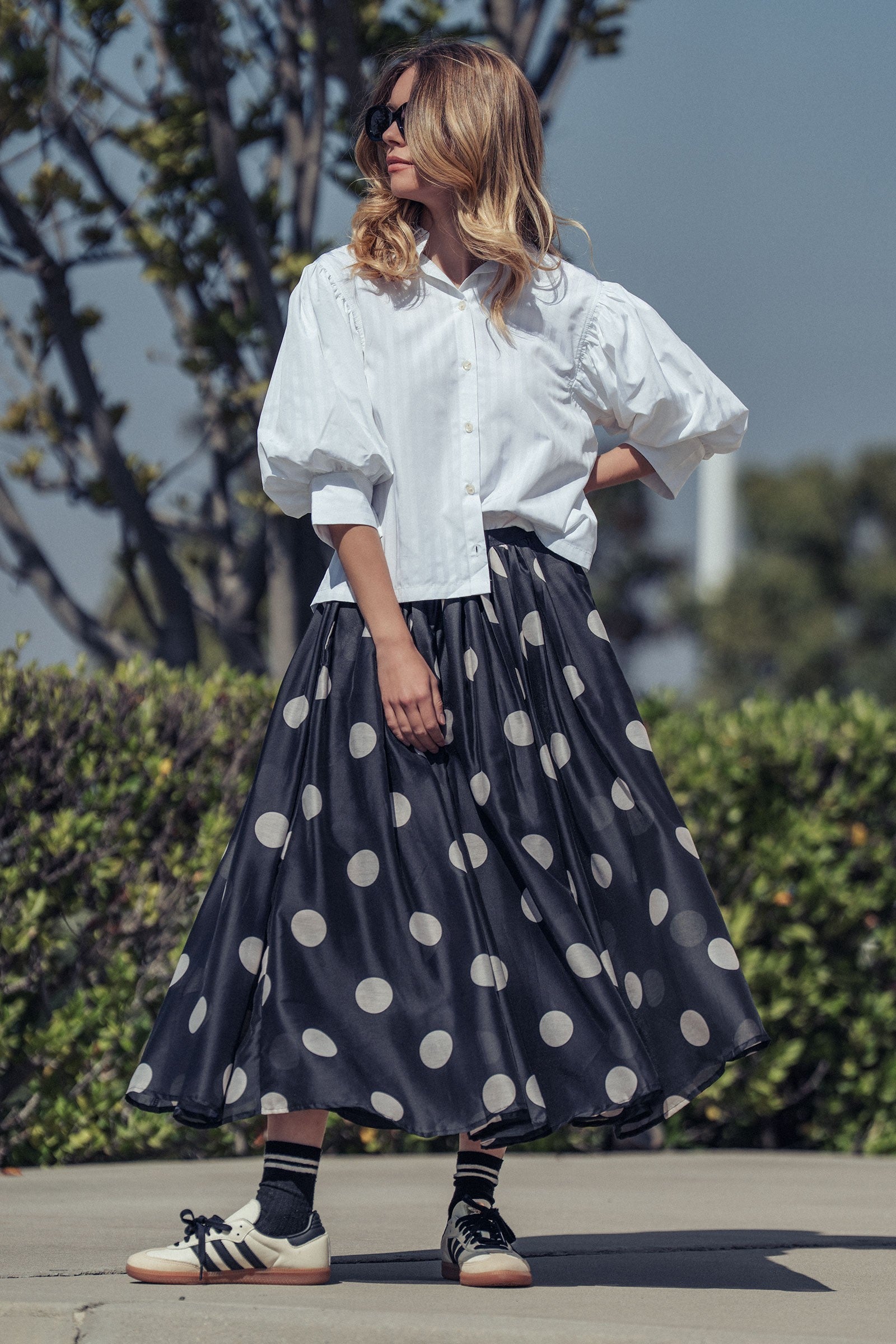 Polka Dot Elastic Waist Midi Skirt